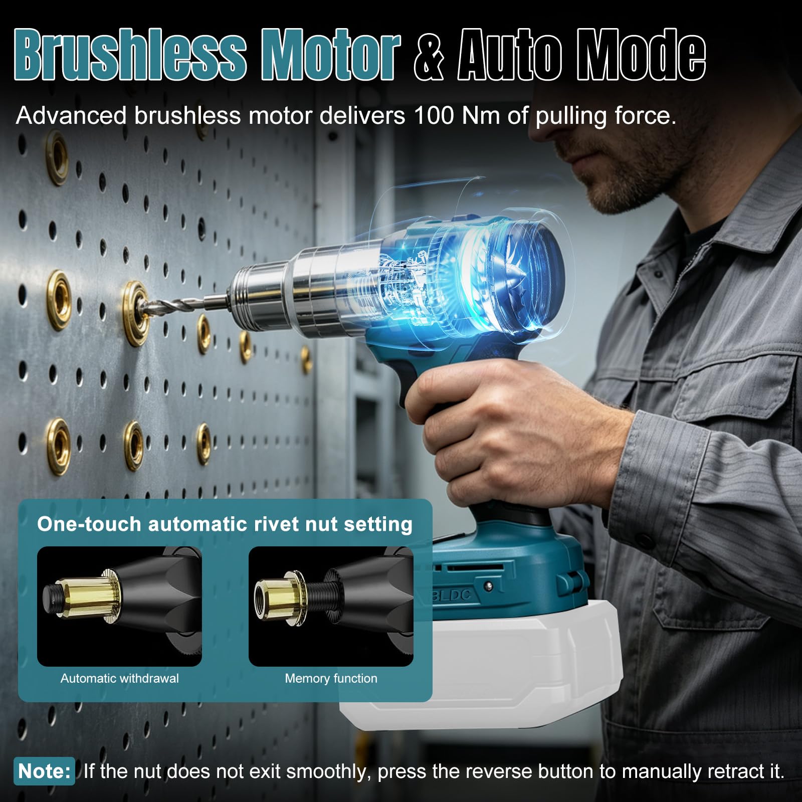 Remachadora Compatible con Makita 18V, Eléctrica Automática para Tuercas Remachables, Pistola Remachadora con Motor Brushless y Boquillas M5 M6 M8 (Sin Batería ni Cargador)