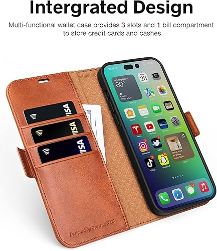 Miniatura 4 de OCASE Retro Series - Funda tipo cartera compatible con iPhone 14 Pro con tarjetero bloqueo RFID carcasa interior de poliuretano termoplástico