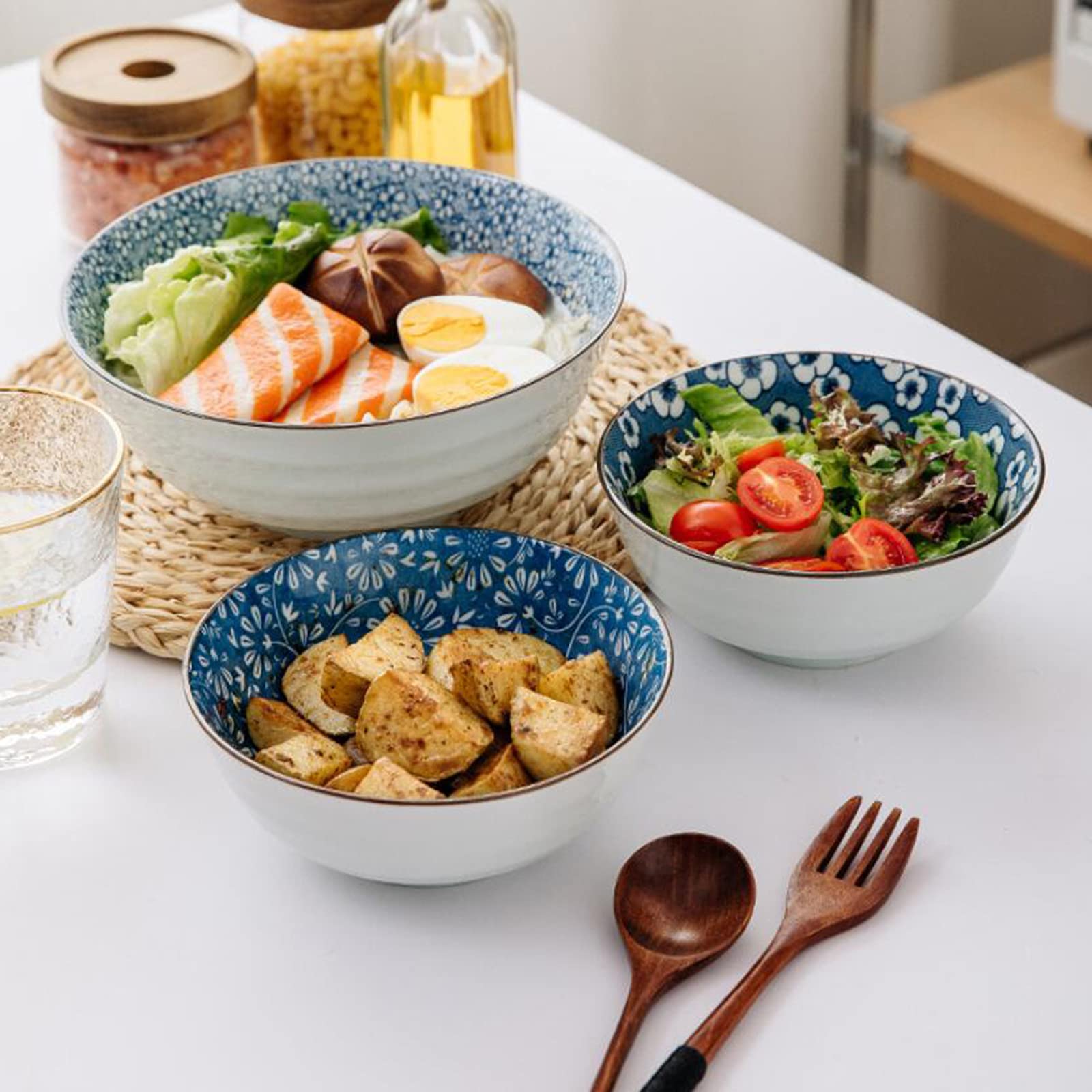 Tazas de Ramen, Conjuntos de Tazas de Pasta, Tazón de Sopa de Fideos de cerámica de 9 Pulgadas, (4 Piezas) Tazón de Ramen casero apilable japonés bajo vidriado for Cereales, arroz, Udon