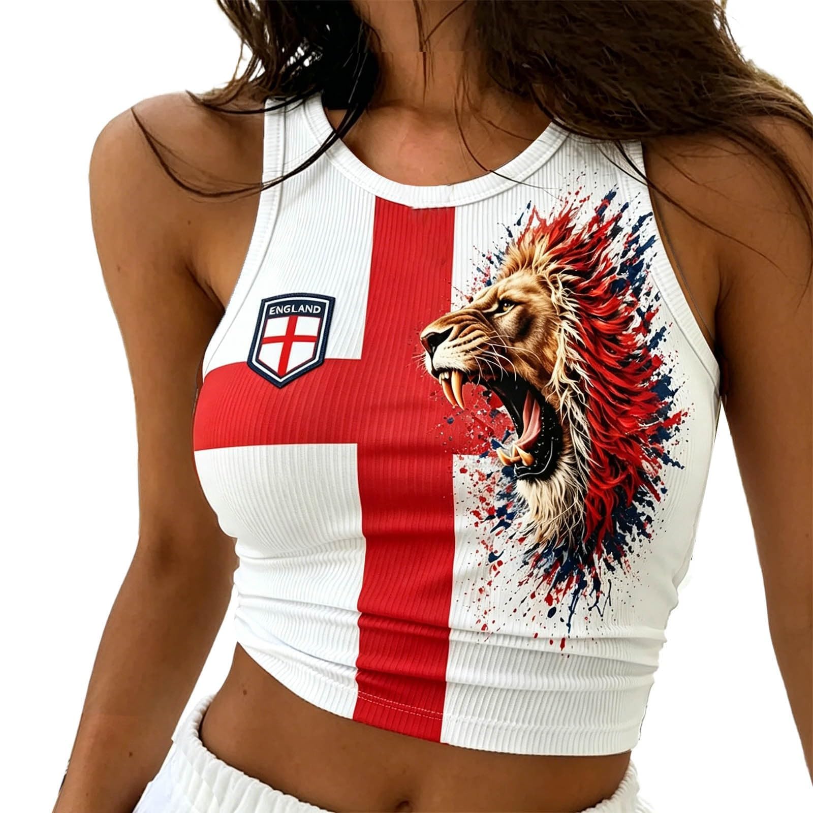 Crop Tops for Women 2026 England Football Shirt Team Graphic Sleeveless Racerback Ribbed Cropped Tank Top Casual Wear Perfect Present for Football Lovers Day Outdoor Gatherings S-XXL (White, XL)