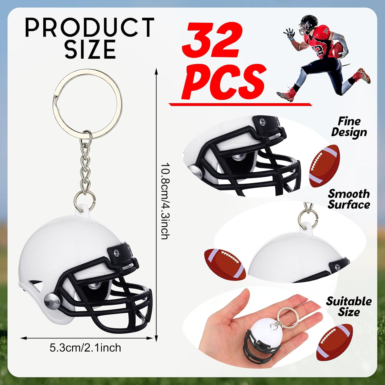 Zeyune 32 Pcs Mini Football Helmet Keychains Bulk Football Party Favors DIY Blanks Rugby Helmet Keychains Ornaments for Rugby Themed Birthday Party Favors Souvenirs DIY Painting Craft Team Gift