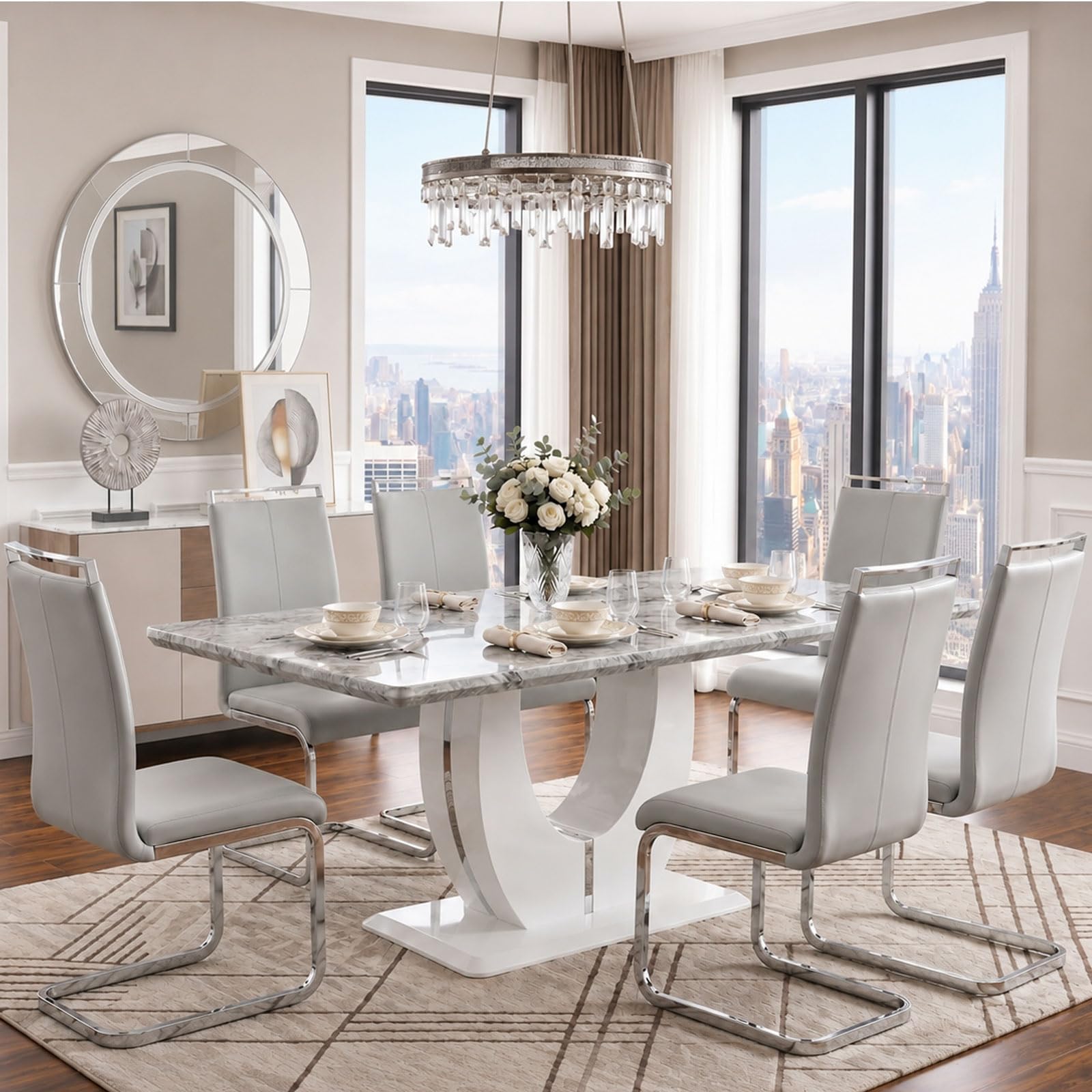 JUFU 7 Piece Faux Marble Dining Set