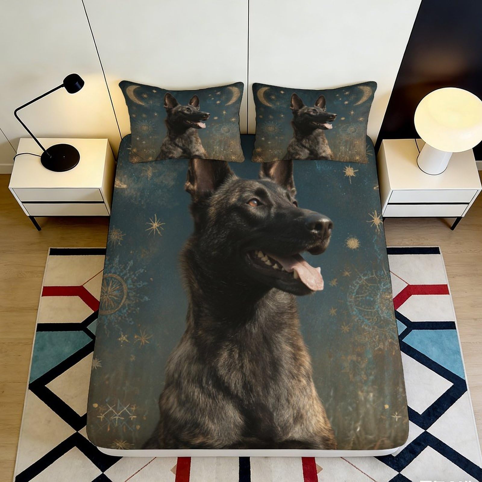 3D Printed German Shepherd Fitted Sheet Microfiber Soft Breathable Star Pattern Mattress Cover for Bedroom Decor 90x200x25cm