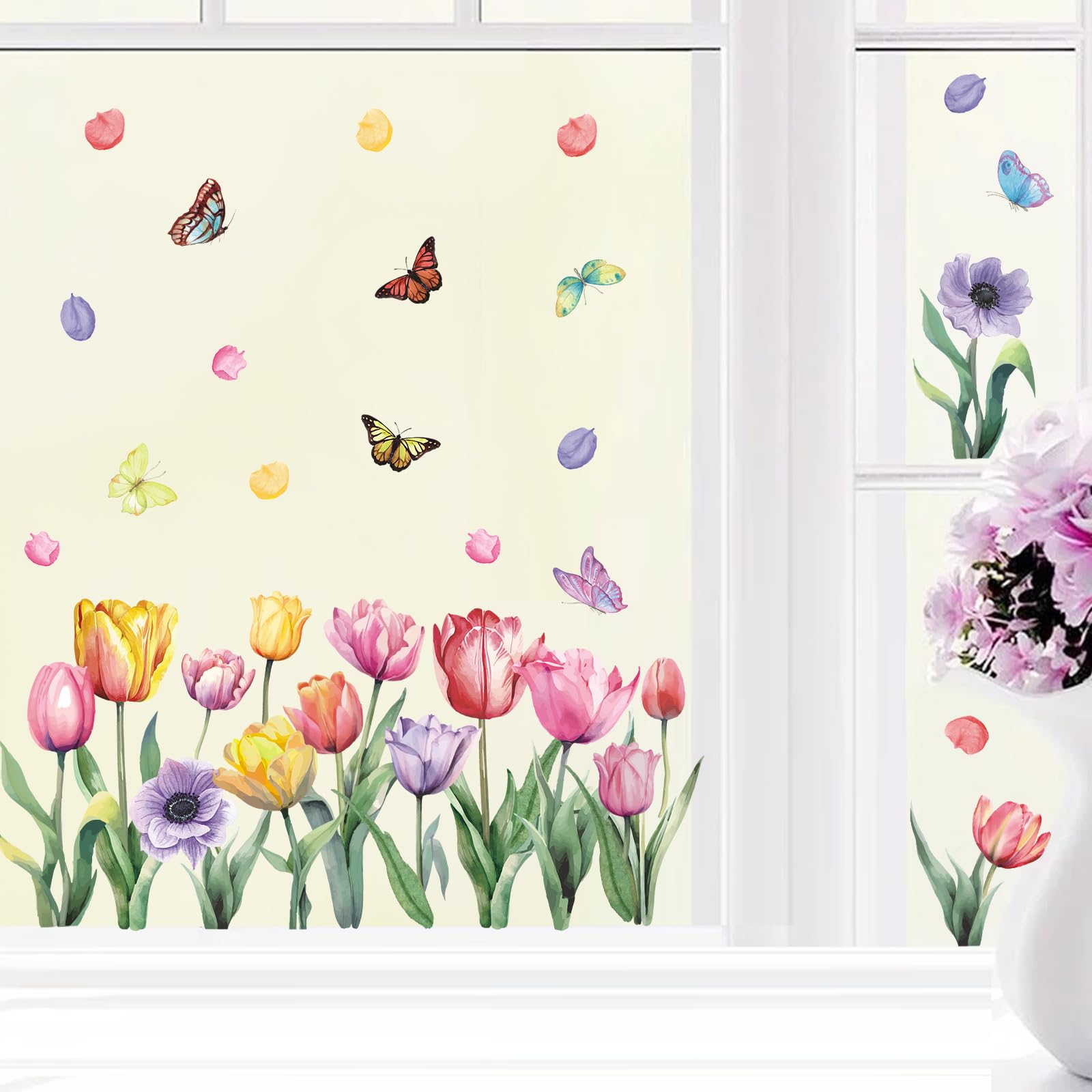 KAIRNE Bunt Wandtattoo Blume,Schmetterling Tulpen Wandsticker,Pflanzen Blume Wandtattoo,Blumen Wandsticker für Kinderzimmer Mädchen,Blumen Tulpen Fensteraufkleber für Wohnzimmer Schlafzimmer Wanddeko