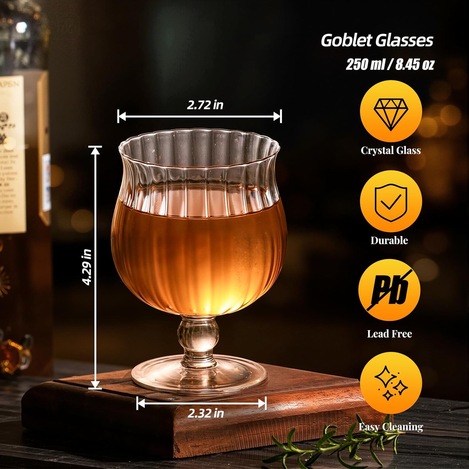 Drinking Glasses 8oz Crystal Water Goblet Glass Set of 2, Stemmed Water Glaases for Jucie, Wine, Beer,Ice Tea, Cocktail, Whiskey, Clear Ribbed Drink Glass for Party, Wedding, Birthday, Anniversaries