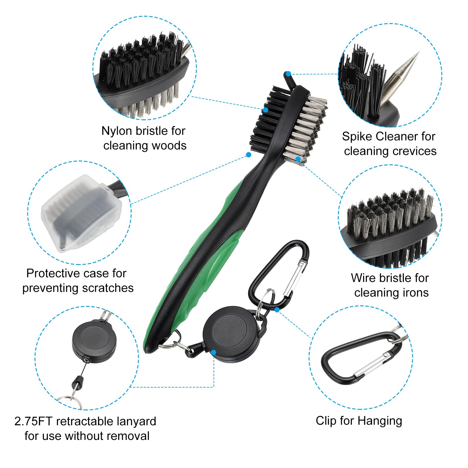 PATIKIL Golf Club Brush with 2.75 Ft Retractable Zip-line, Golf Club Groove Cleaner with Cleaning Tip Nylon and Wire Bristles, Green - Image 3