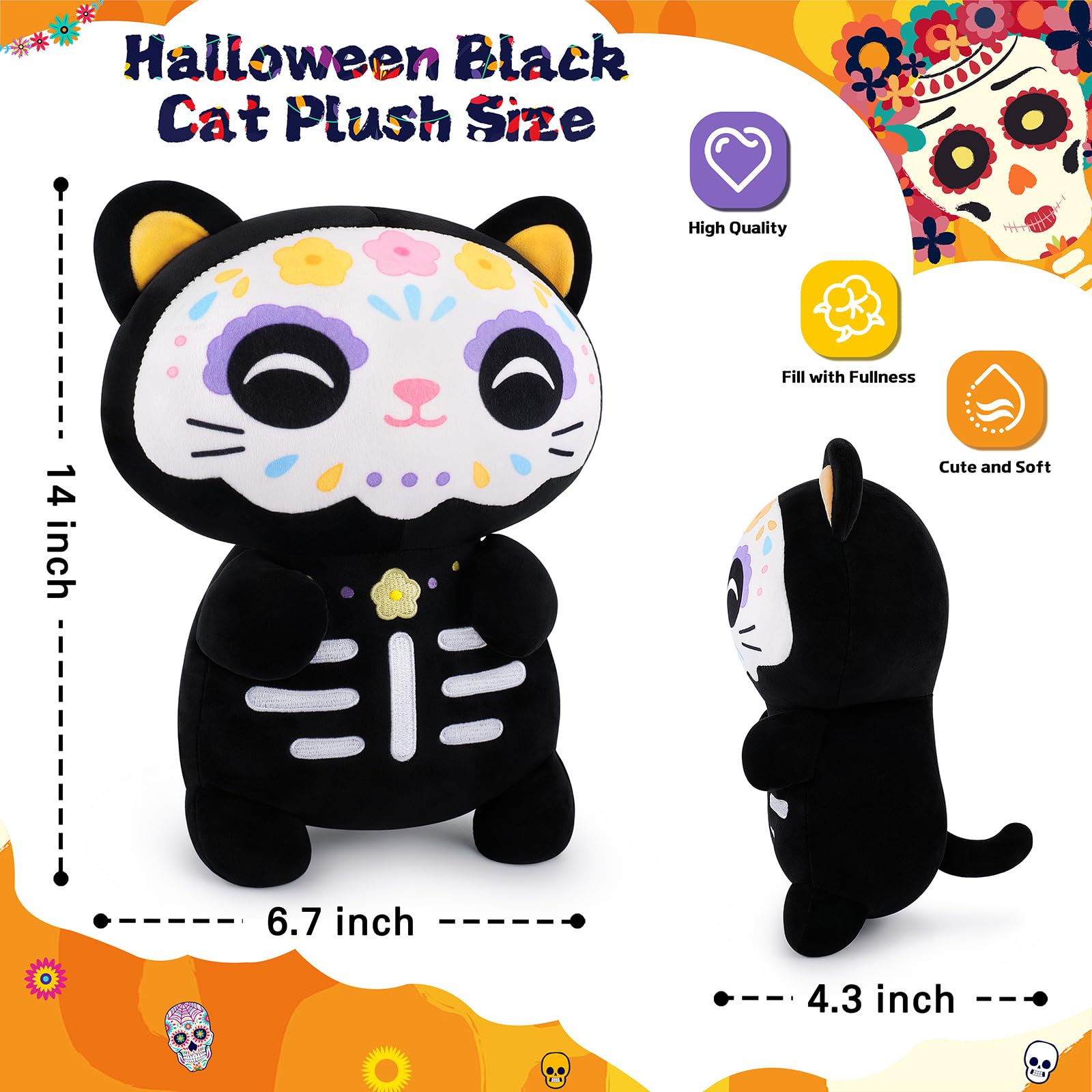 Stuffed Cat Halloween Plush Pillow Sugar Skull Decor Stuffed Black Cat, Day of the Dead Decoration Skeleton Kitten - Image 2