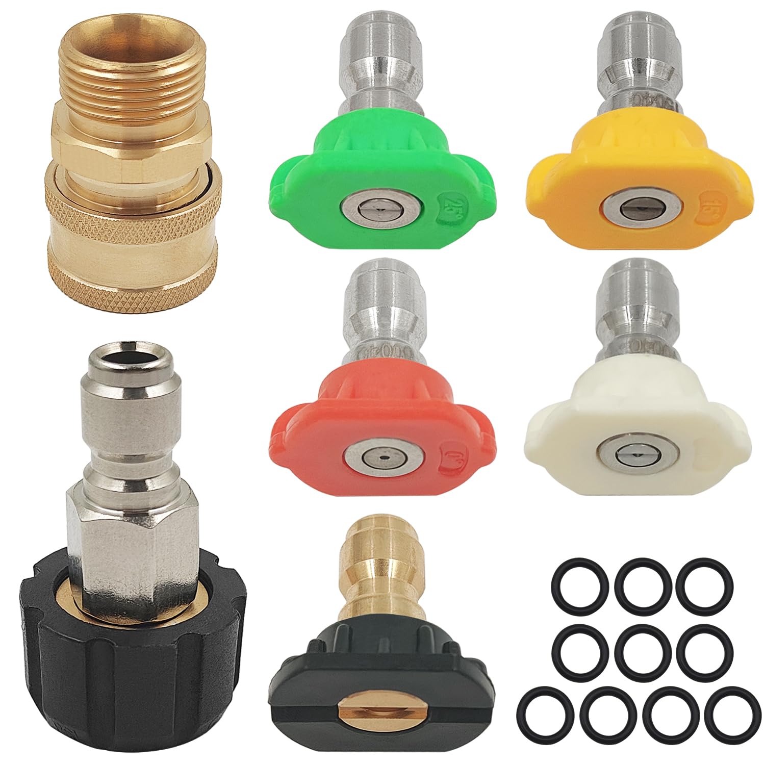 5 Pcs Pressure Washer Spray Nozzles + 2 M22 14mm Quick Connect Kit + 10 O-Rings Replacement for 1/4 inch & 3/8 inch, 5 Degrees Quick Connection Tips, Power Washer Fittings Wand Tips Set, 4000 PSI
