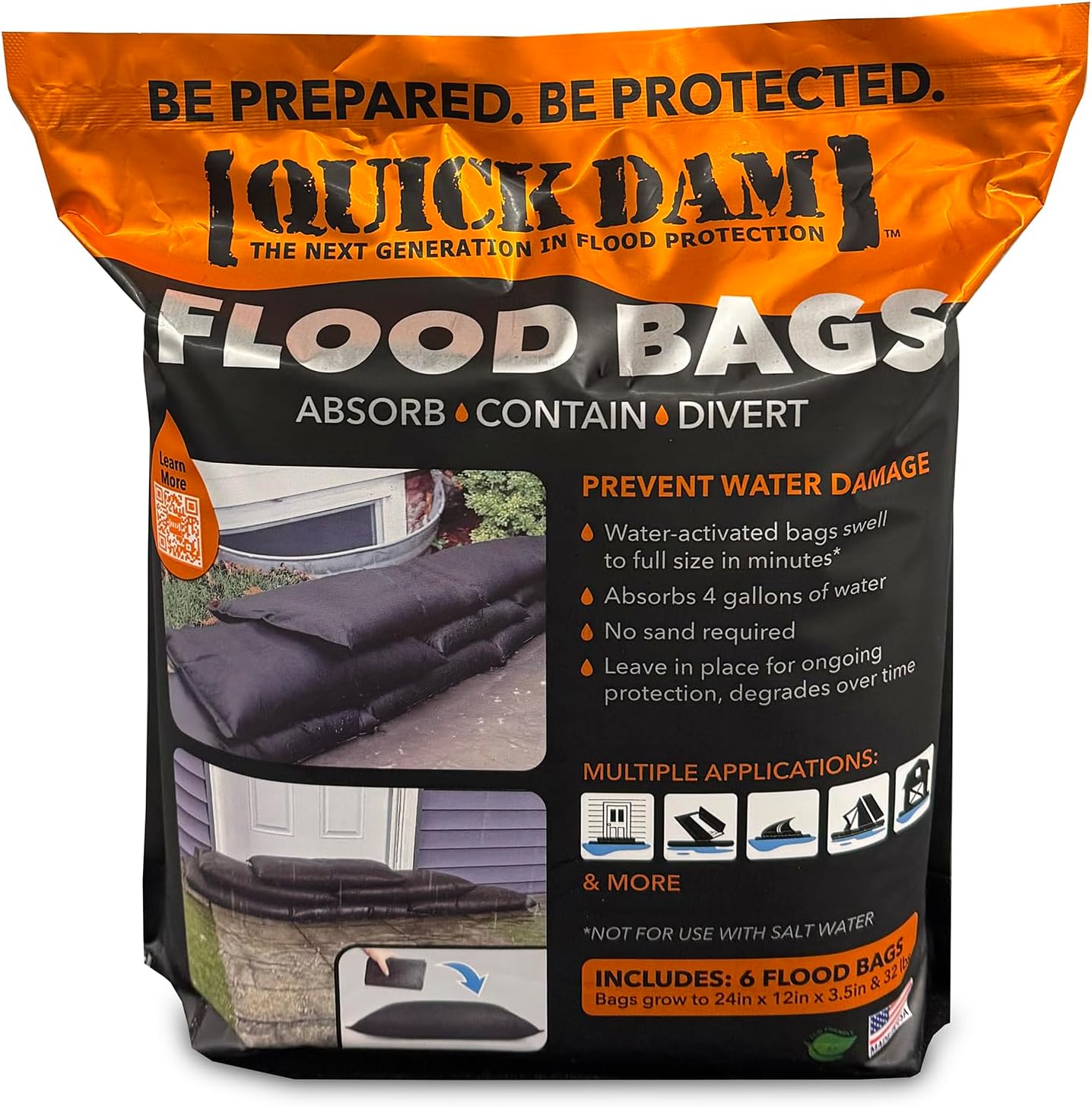 Quick Dam Water Activated Flood Bags, 1' x 2', Pack of 6