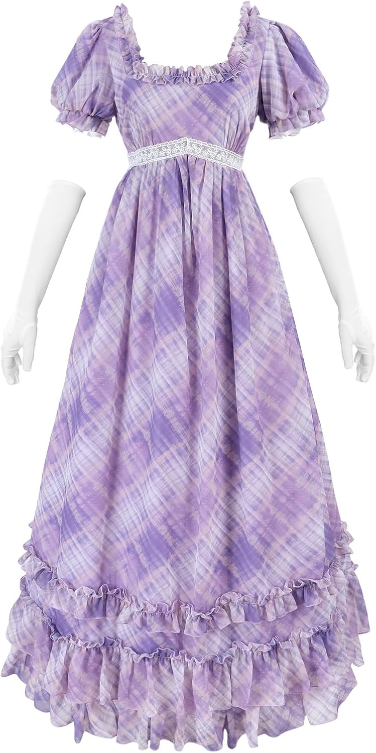 LTAKK Regency Dress Women Regency Costume Empire Waist Tea Party Victorian Gown with Gloves