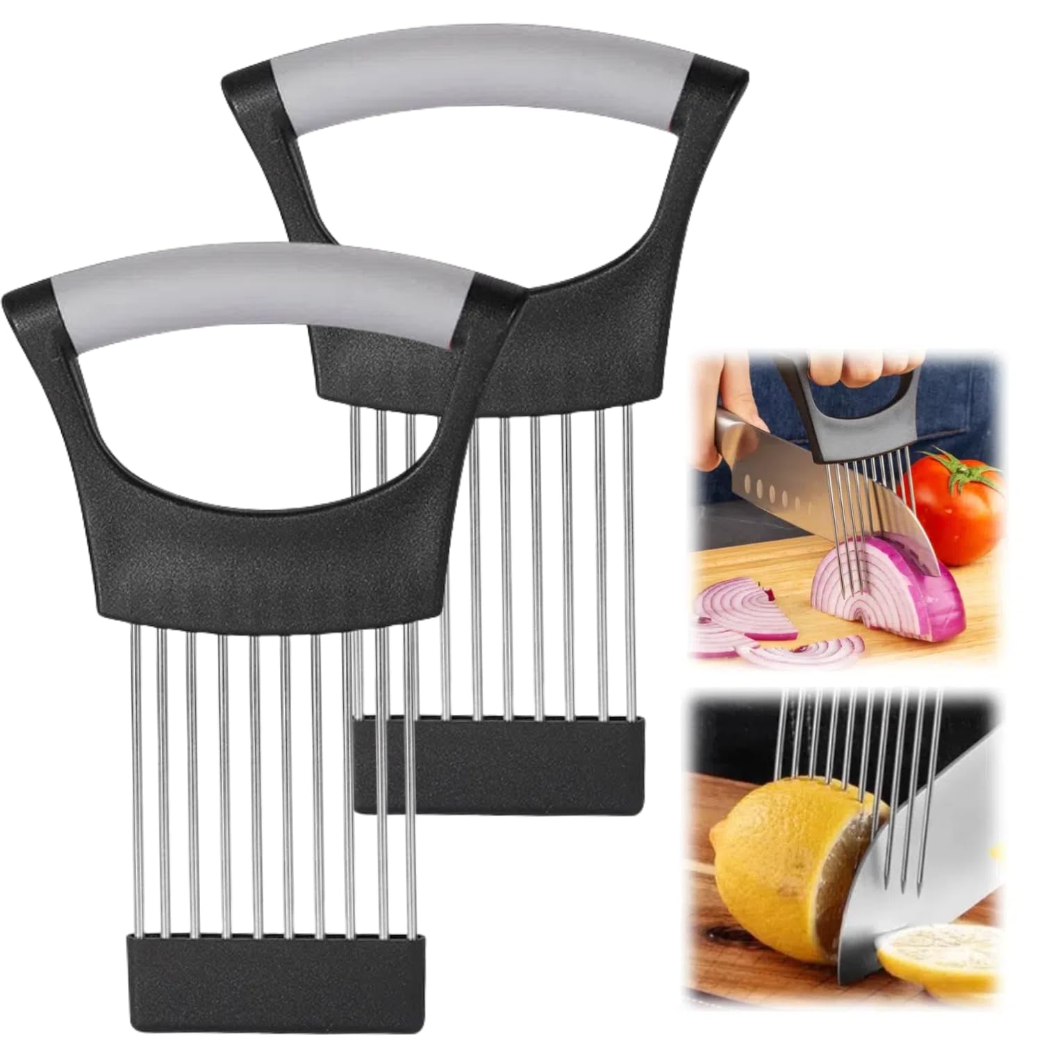 Stainless Steel Onion Holder, 2 Pack - Slicing Assistant Tool for Onion, Potato, Tomato (Grey)