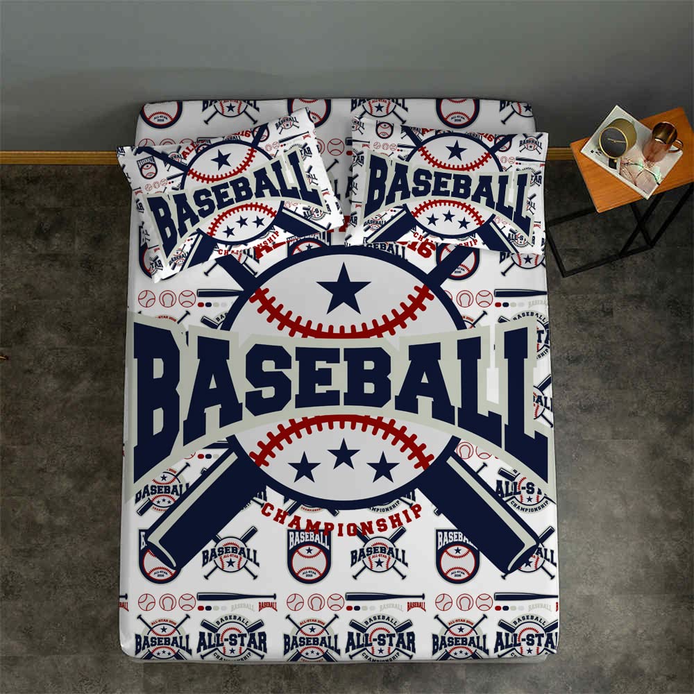 F-CHU Baseball 3D Pattern Bed Sheet Set - Queen Size, 1 Fitted Sheet with 2 Pillowcases