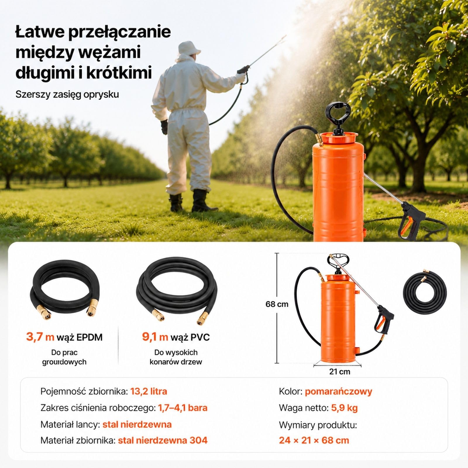 Opryskiwacz ciśnieniowy ze stali nierdzewnej 13,2 l, pomarańczowy zbiornik z lancą, uchwyt pistoletowy, czarny wąż, 2 mosiężne dysze do budowy i ogrodu