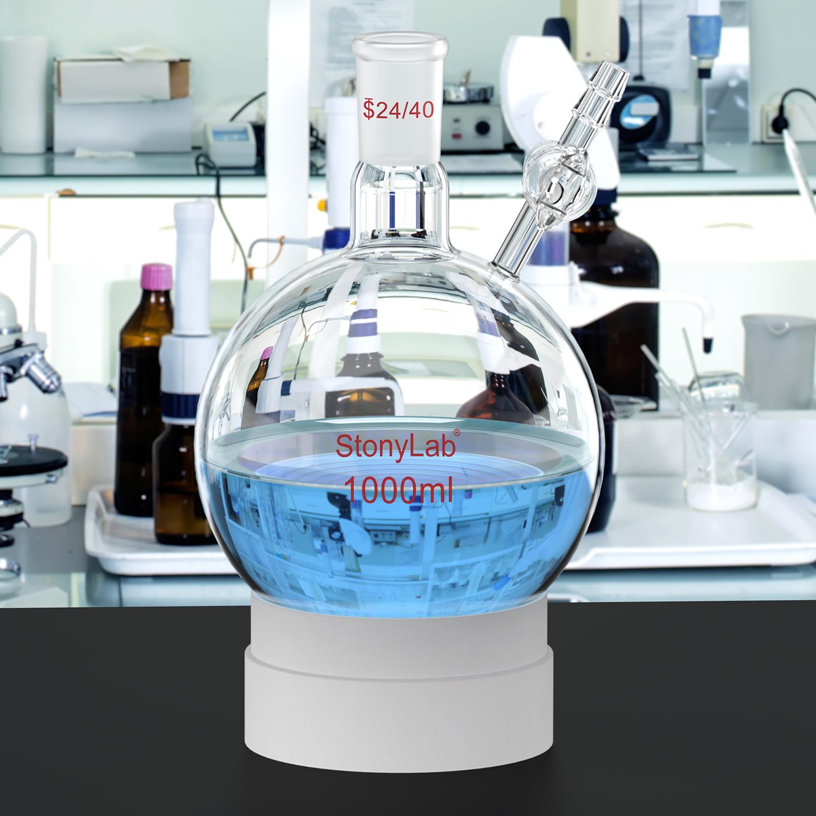 stonylab Matraz de Reacción con Llave de Paso de Vidrio, Conexión 24/40, Matraz de Fondo Redondo de Vidrio Borosilicato de Cuello Único, para Experimentos y Aplicaciones en Laboratorio, 1000 ml