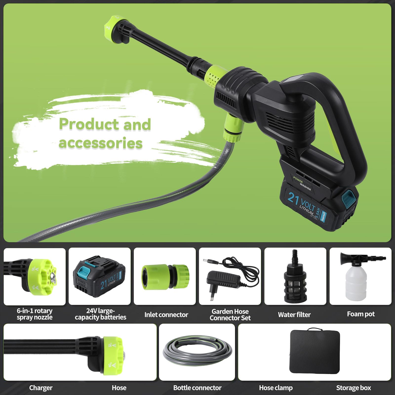 Hidrolimpiadora Bateria, 200Bar Hidrolimpiadora Portátil, Pistola de Agua a presión con Batería 4.0Ah,Boquilla 6 en 1, Hidrolimpiadora a Bateria 15000mAh para Jardín,Coche (Negro)