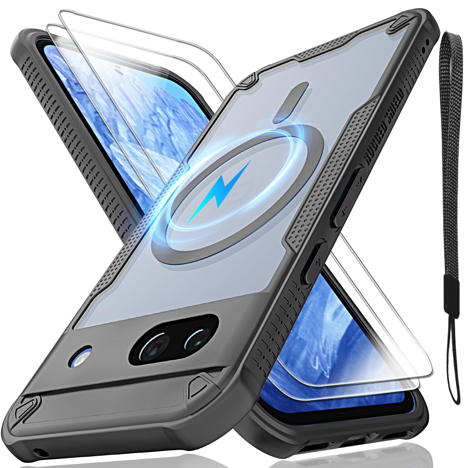 for Google Pixel 8A Case, Translucent Matte Back Compatible with Magsafe Magnetic Slim Shockproof Protective Case and Lanyard Strap/2 * 9H Tempered Glass Screen Protector Phone Cover 6.1-inch-Black