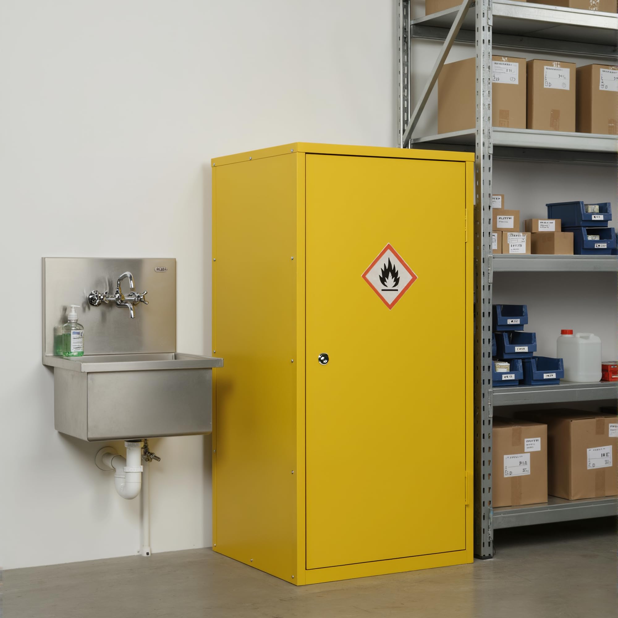 Metel COSHH Schrank für Gefahrstoffe, feuerfest, brennbar, gelb, kleine Schränke, HSE-Sicherheitsschrank für den Arbeitsplatz, 910 (H) x 460 (B) x 460 (T) mm