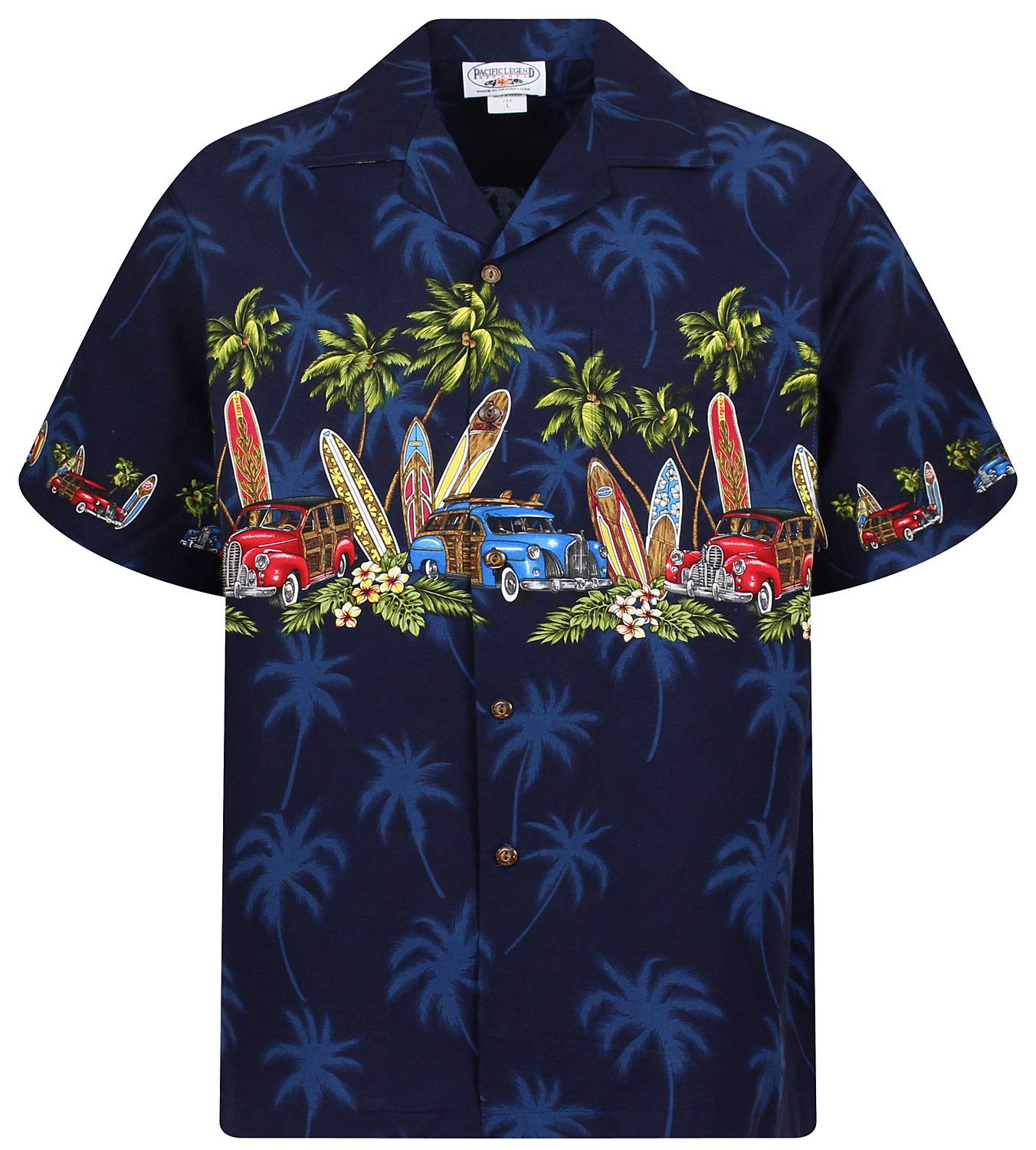 Pacific Legend Original Hawaiihemd, Kurzarm, Surfbretter Autos Brust-Print, Schwarz, 4XL