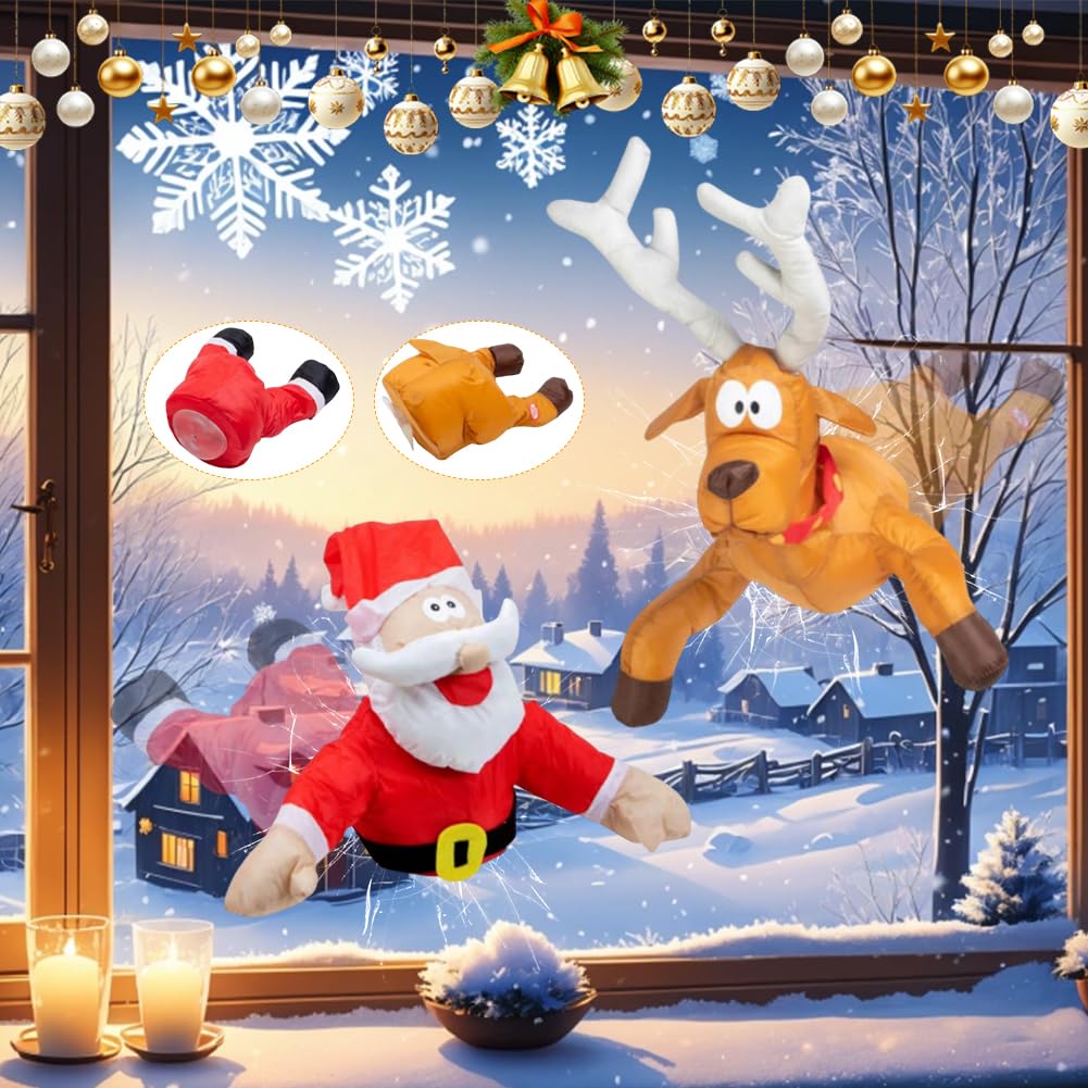 Décoration Noël Animée Pères Noël et Rennes S'écrasant sur Fenêtre avec Autocollant Vitre Cassée et Animation (2 pièces)