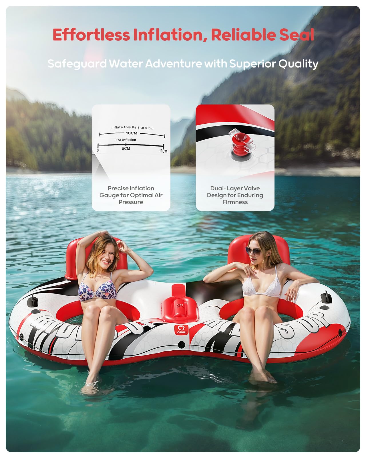 'QPAU Inflatable Double River Tube, 2 Person 660lb Capacity, Puncture-Resistant 93'' Sturdy Heavy Duty River Float, River Raft with Ergonomic Backrest, Cooler & Cup Holders for Family'