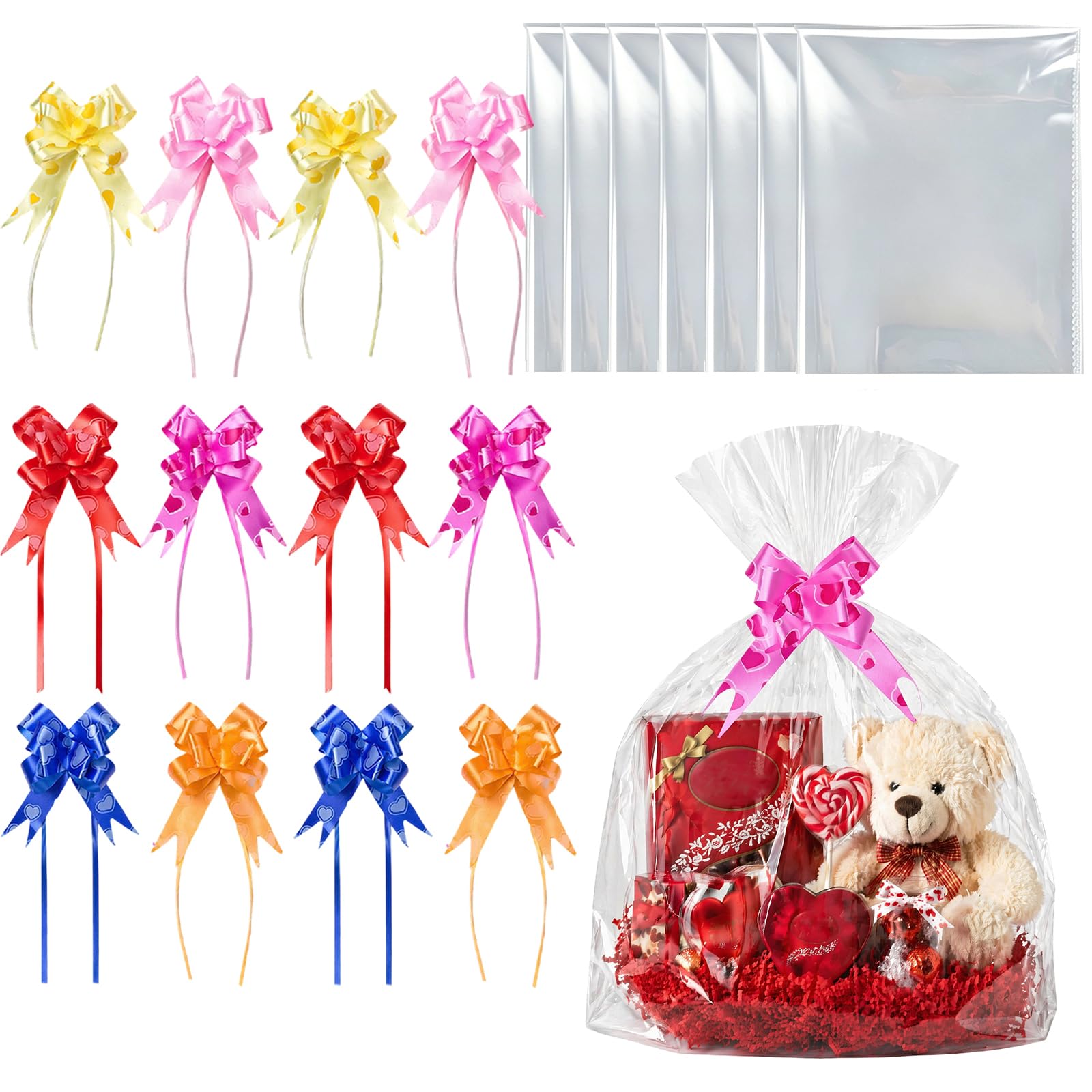 12 Pcs Large Cellophane Bags for Hampers with Pull Bows, 70x50cm Clear Cellophane Wrap for Gift Baskets, Strong Hamper Bags for Wrapping Easter, Christmas, Birthday Presents & Fruit Basket Packaging