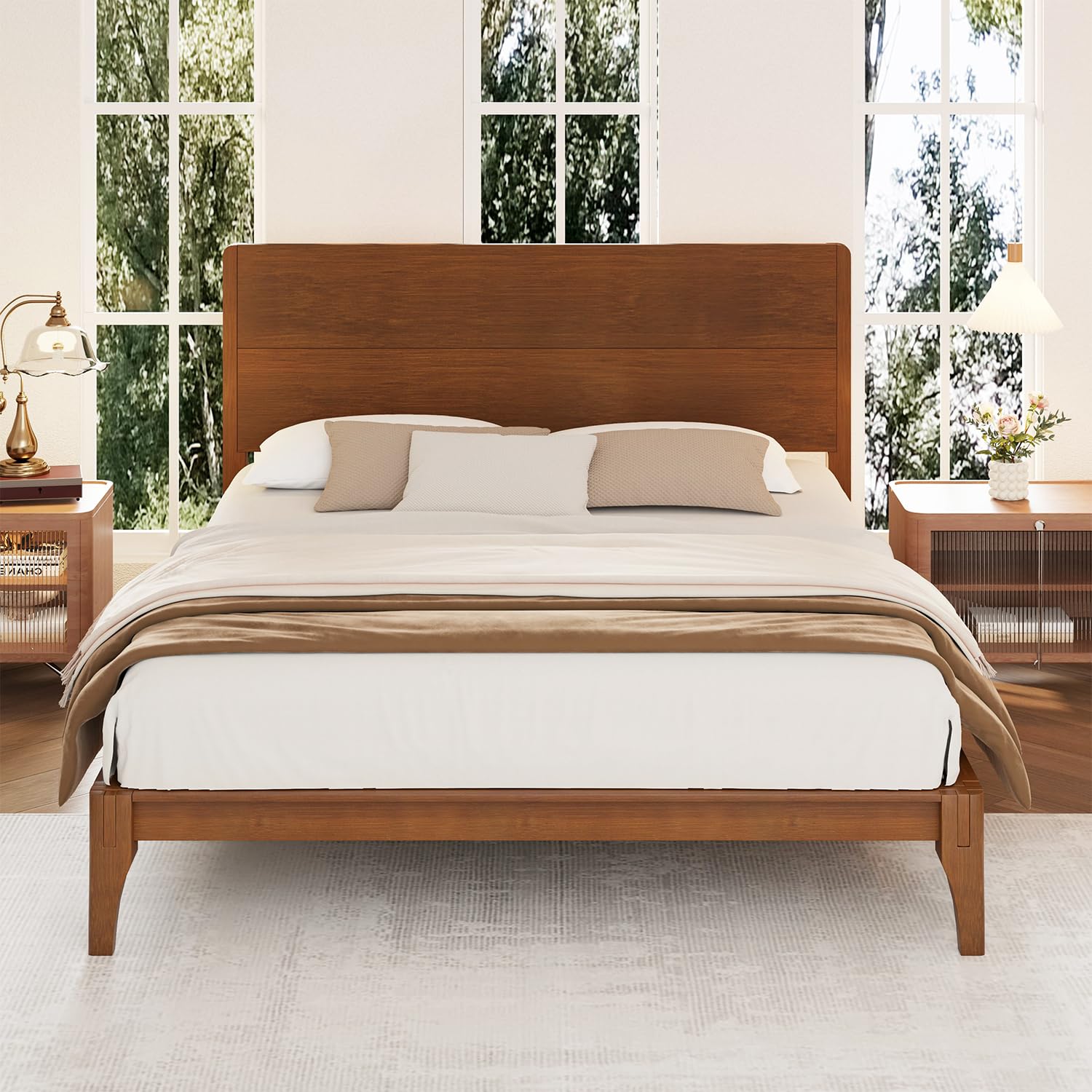 Gustonhon Mid-Century Queen Size Bamboo Bed with Headboard,Classic Bamboo Platform Bed Frame with Wood Slat Support, No Box Spring Needed, Easy
