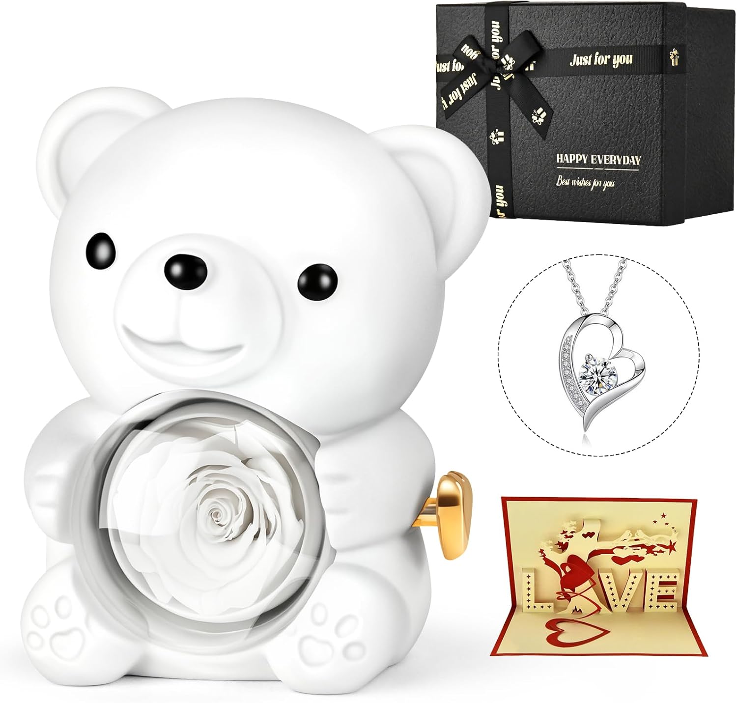 Jibeufi Teddy Bear with Preserved Rose, Flower Forever in Bear with Necklace and Elegant Gift Box for Women, Romantic Bear Roses Gifts for Valentines Mothers Day Anniversary Day Birthday (White)