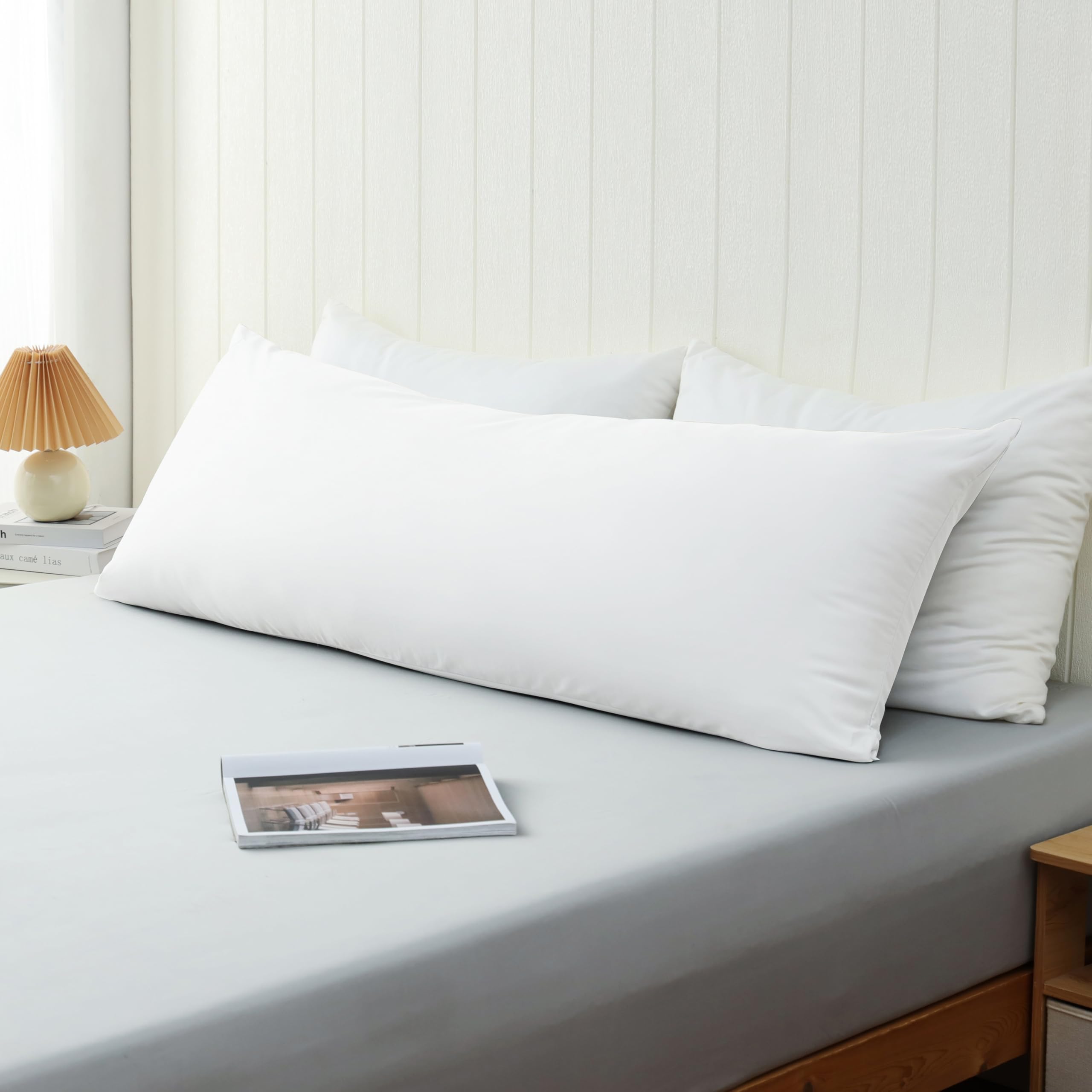 Protectores de almohada suaves 100 % algodón con cremallera invisible de 51 x 137 cm, fundas de almohada suaves de 600 hilos, color blanco, 1 paquete