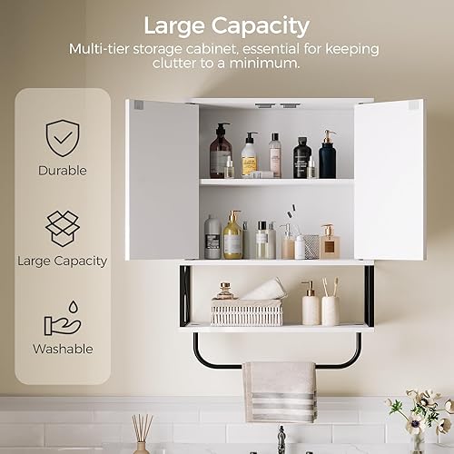 Miniatura 4 de Armario de pared de baño con 2 puertas y estante ajustable, botiquín de granja con toallero, armario de almacenamiento montado en la pared de 3