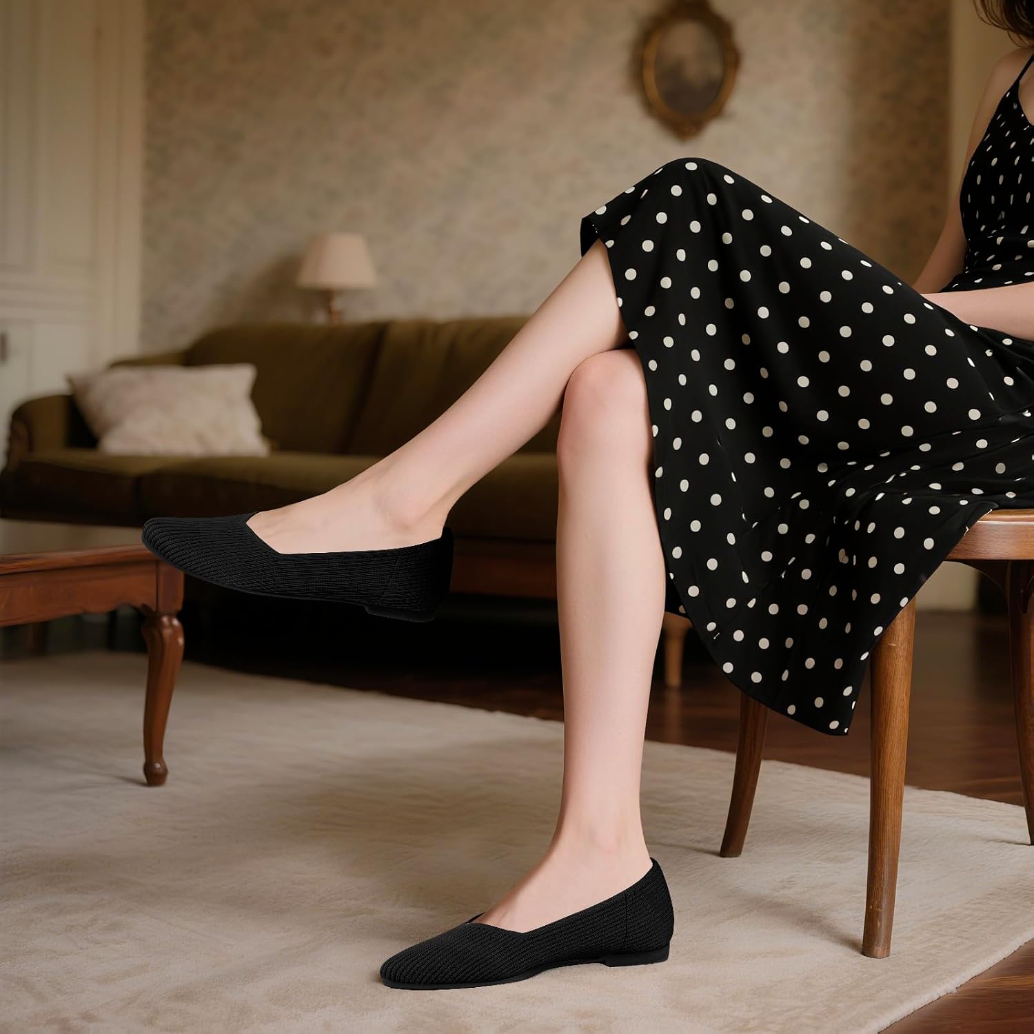 Women Flats Non Slip Work Shoes,Slip-On Pointed Toe Knit Ballet