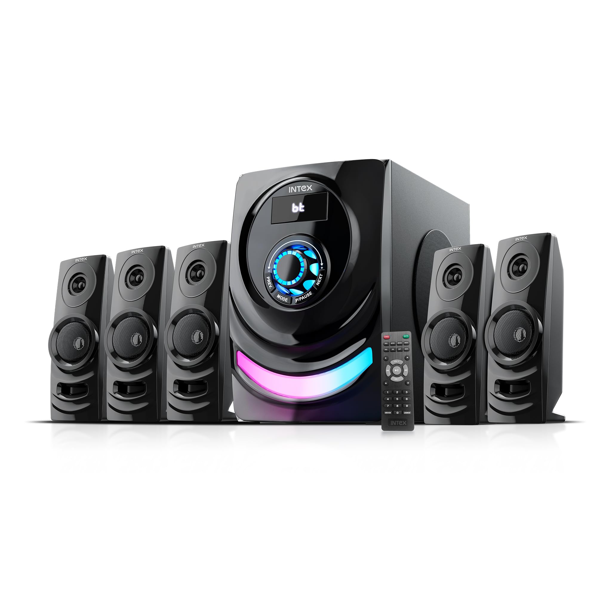 Intex Roar 1000 5.1 Channel Multimedia Speaker with Bluetooth, AUX, USB, FM, RGB Lights, 100W Output, Remote Control, Recording Feature, Home Theater System - Black