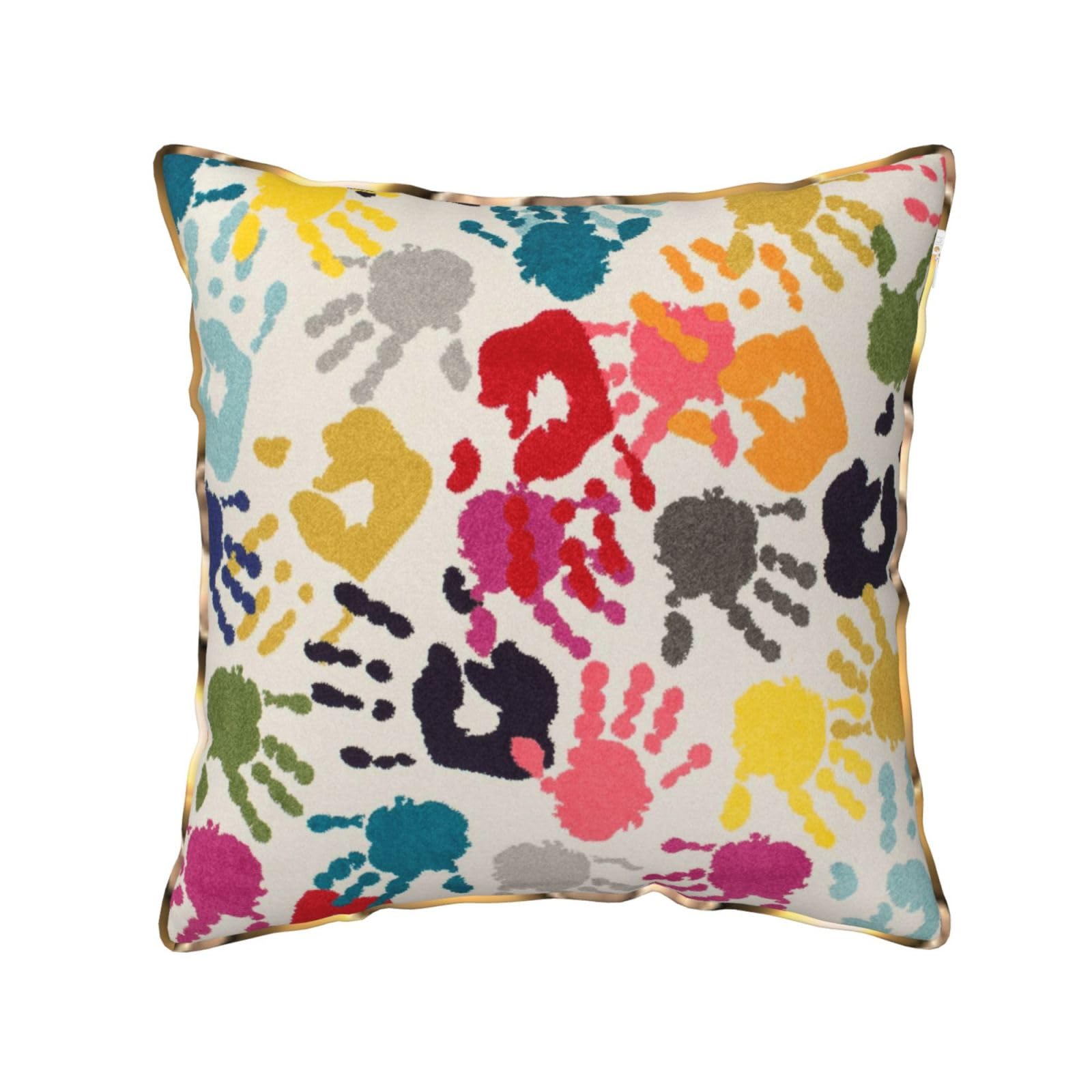 AUBKFELD Hand Print Printed Velvet Cushion Cover 40x40 CM with Gold Edging Strip, Square Pillowcase Soft Throw Pillow Covers Case Decorative for Living Room Sofa Couch Bed Bench