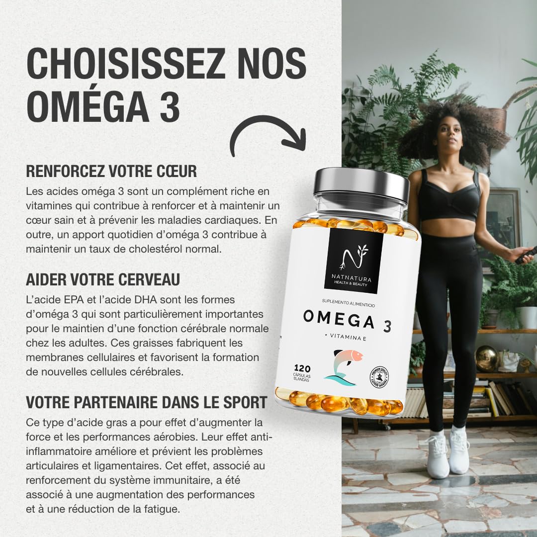 Oméga 3 concentration maximale EPA - DHA. Acides gras oméga 3 (2 000 mg) + vitamine E à base d'huile de poisson sauvage. 120 perles molles