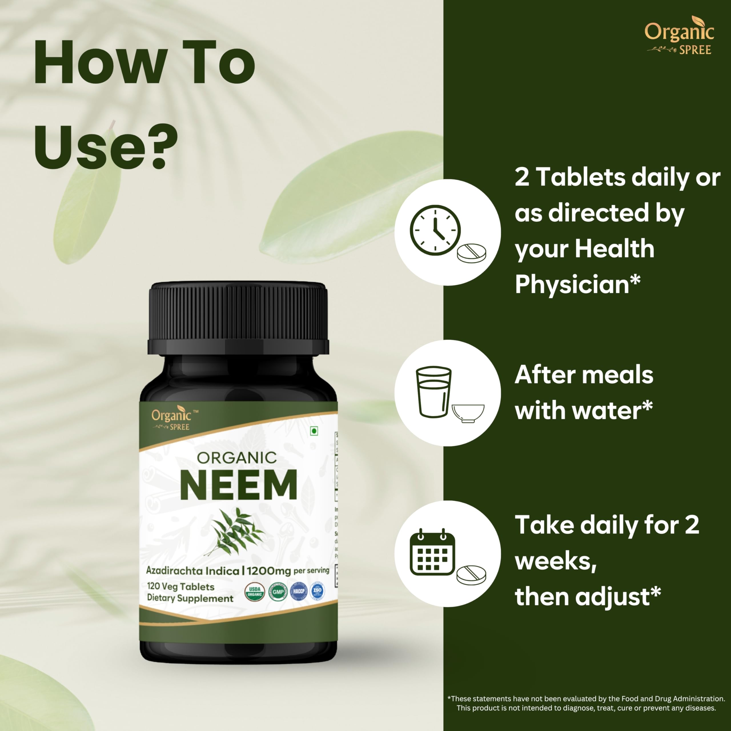 Organic Spree NEEM 120 Tablets (Azadirachta Indica) | Biologico e Naturale | Vegano e certificato USDA 120 compresse | 1200 mg per porzione (2)