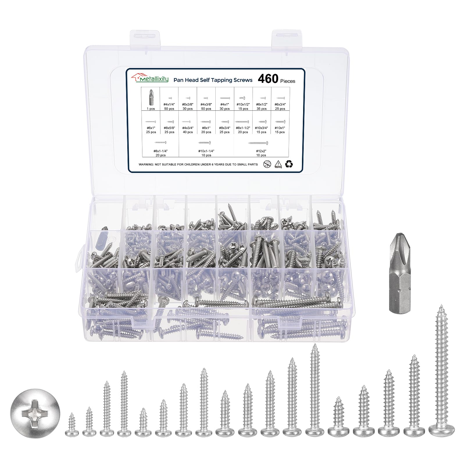 METALLIXITY Phillips Pan Head Self Tapping Screws(#4/#6/#8/#10/#12) 460Pcs, 304 Stainless Steel Self Drilling Screw for Metal Wood Plastic with Bit, for Cabinet Wall Shutter Plate Rock, Silver