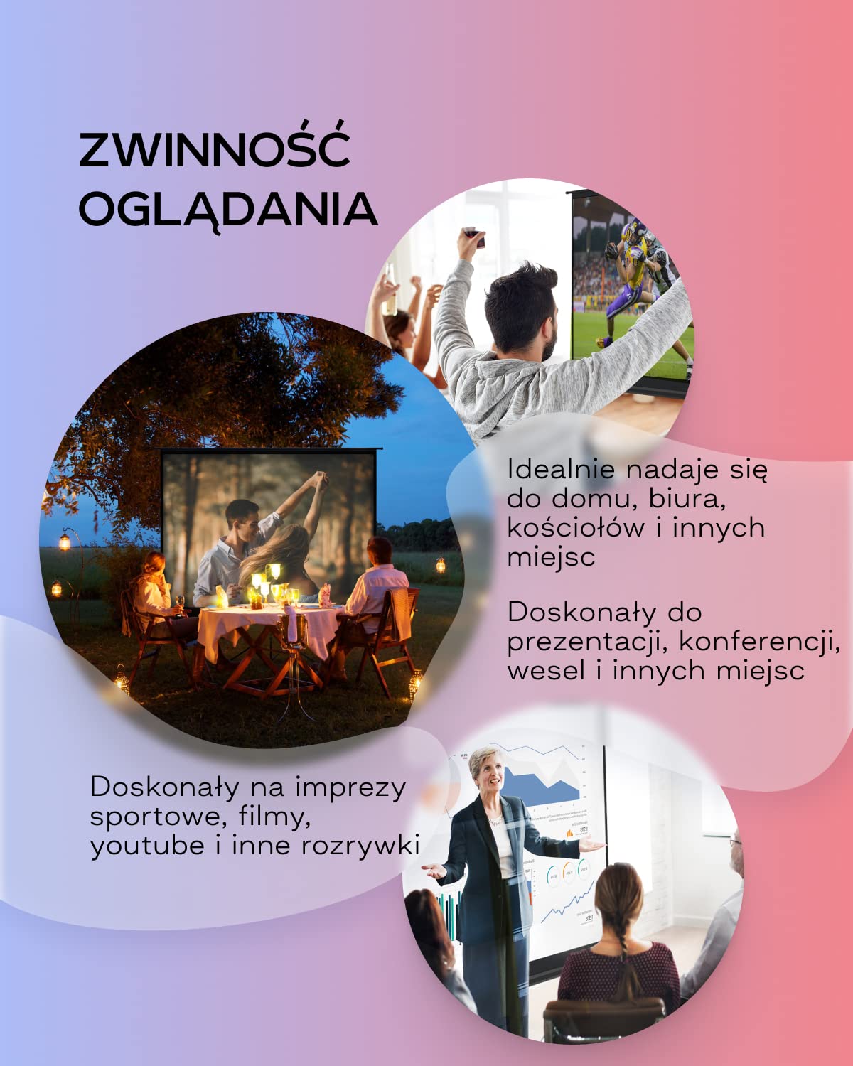 PropVue Ekran projekcyjny z uchwytem 100-120 cali – ekran projekcyjny do użytku wewnątrz i na zewnątrz do prezentacji filmów lub na pulpicie – możliwość regulacji w zakresie od 16:9 do 4:3 HD bez