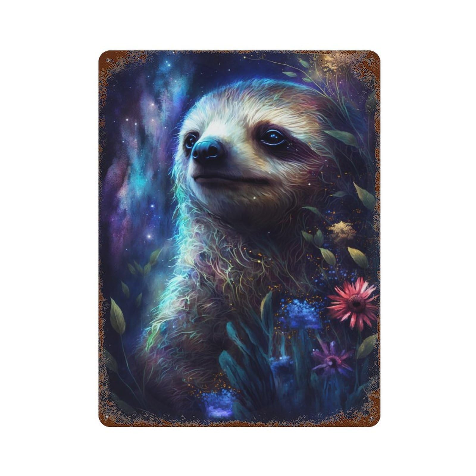 Glowing Sloth in Fantasy Garden 15.7"x11.8" Rustic Tin Plaque, Novelty Wall Decor for Bistro, Counter And Cafe Decor
