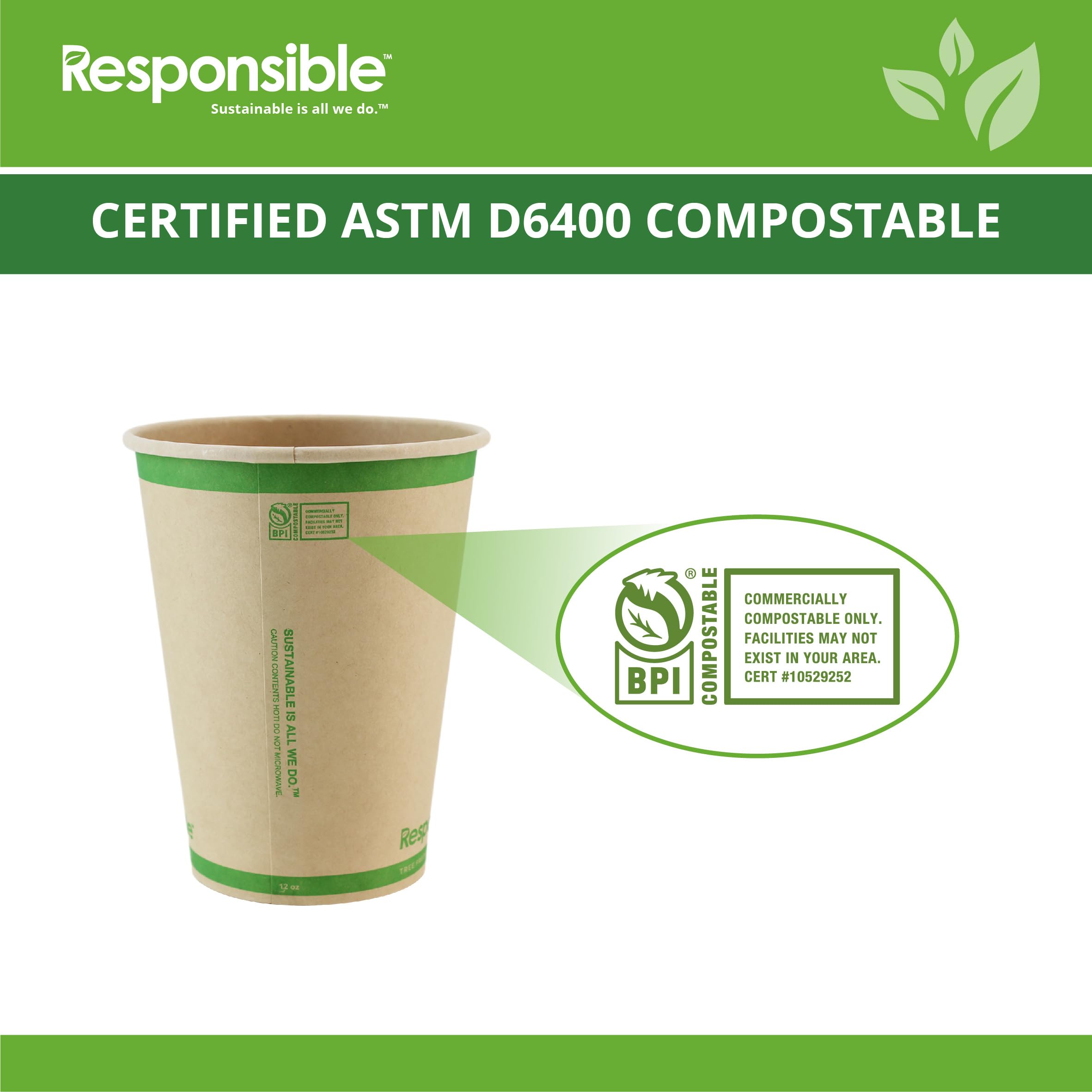 Responsible Products Vasos de papel compostables certificados de 12 onzas, tazas de café frío y caliente, vasos de papel desechables, vasos desechables extra resistentes, fabricados sin PFAS (50