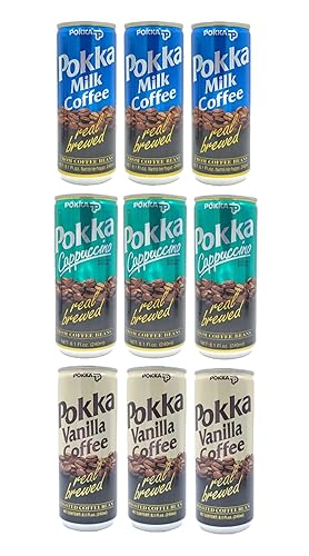 POKKA - Juego de 9 cafés con leche, café de vainilla, capuchino, 8.1 onzas líquidas (8.1 fl oz) cada uno (leche-vainilla-capuchino (3 de cada uno))