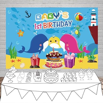 Amazon Szzwy 赤ちゃんの1歳の誕生日パーティー用背景幕 7x5フィート ビニール写真背景 海の中の世界 イラスト 赤ちゃん クジラ 恐竜 ヒトデ クジラ イエロー ピンク ブルー ケーキ ギフト 誕生日 デコレーション 子供用 Szzwy バックペーパー 背景布
