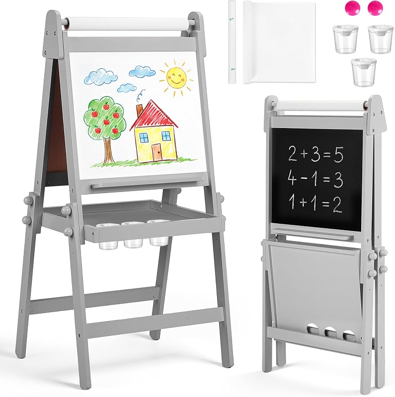Kinder King Folding Kids Art Easel, Adjustable Easel for Toddlers (Grey) | Double Side, Magnetic Whiteboard & Chalkboard, Paper Roller, Storage, Indoor & Outdoor, Painting & Drawing, 3 Years+, Gift