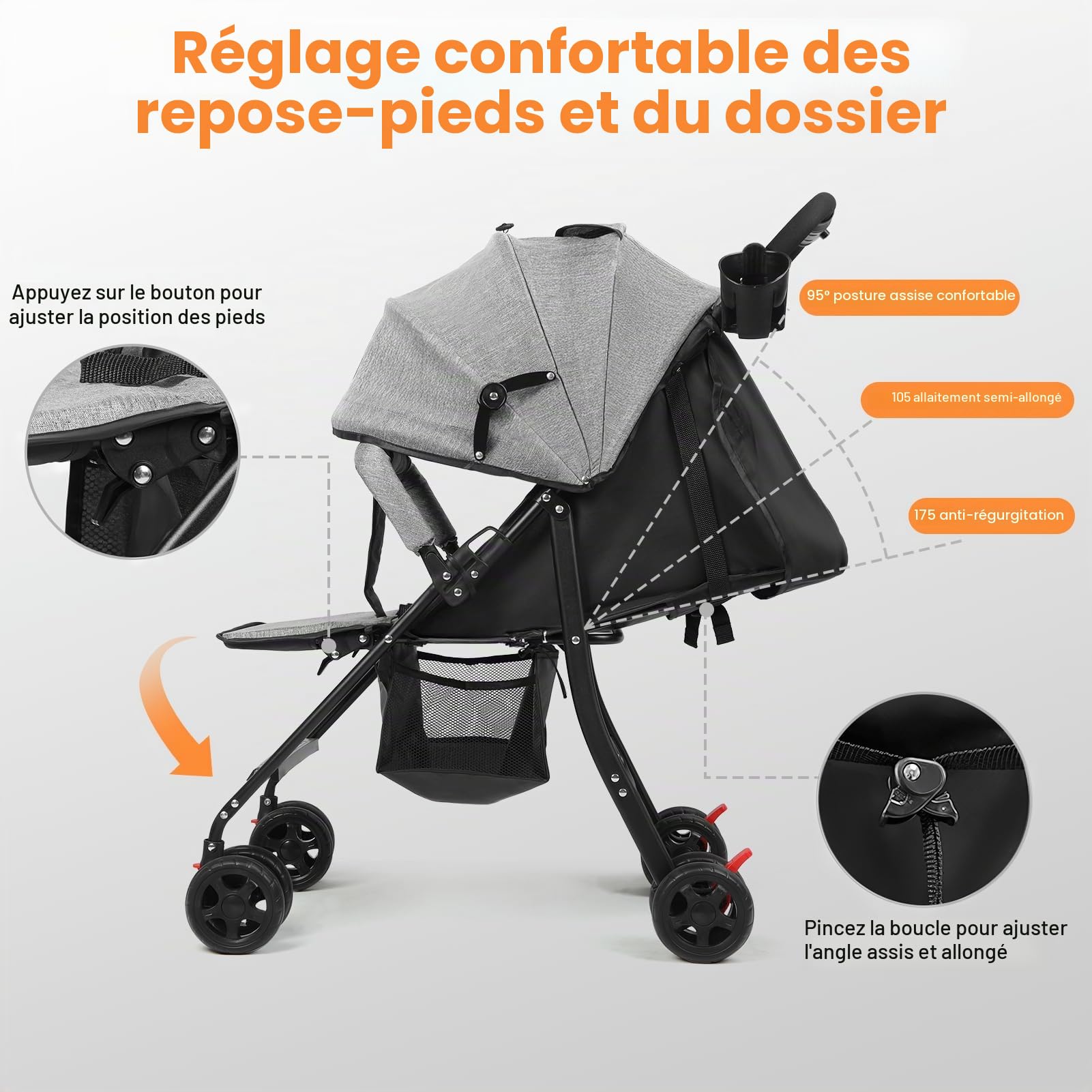 Poussette Bebe Voyage, Poussette Compacte Pliable, Poussette Canne Legere 4,2 kg, Pliage Une Main, Dossier Reglable, Harnais 5 Points, Capote Reglable, Panier Rangement, 0 a 2 Ans, 10 kg (Gris)