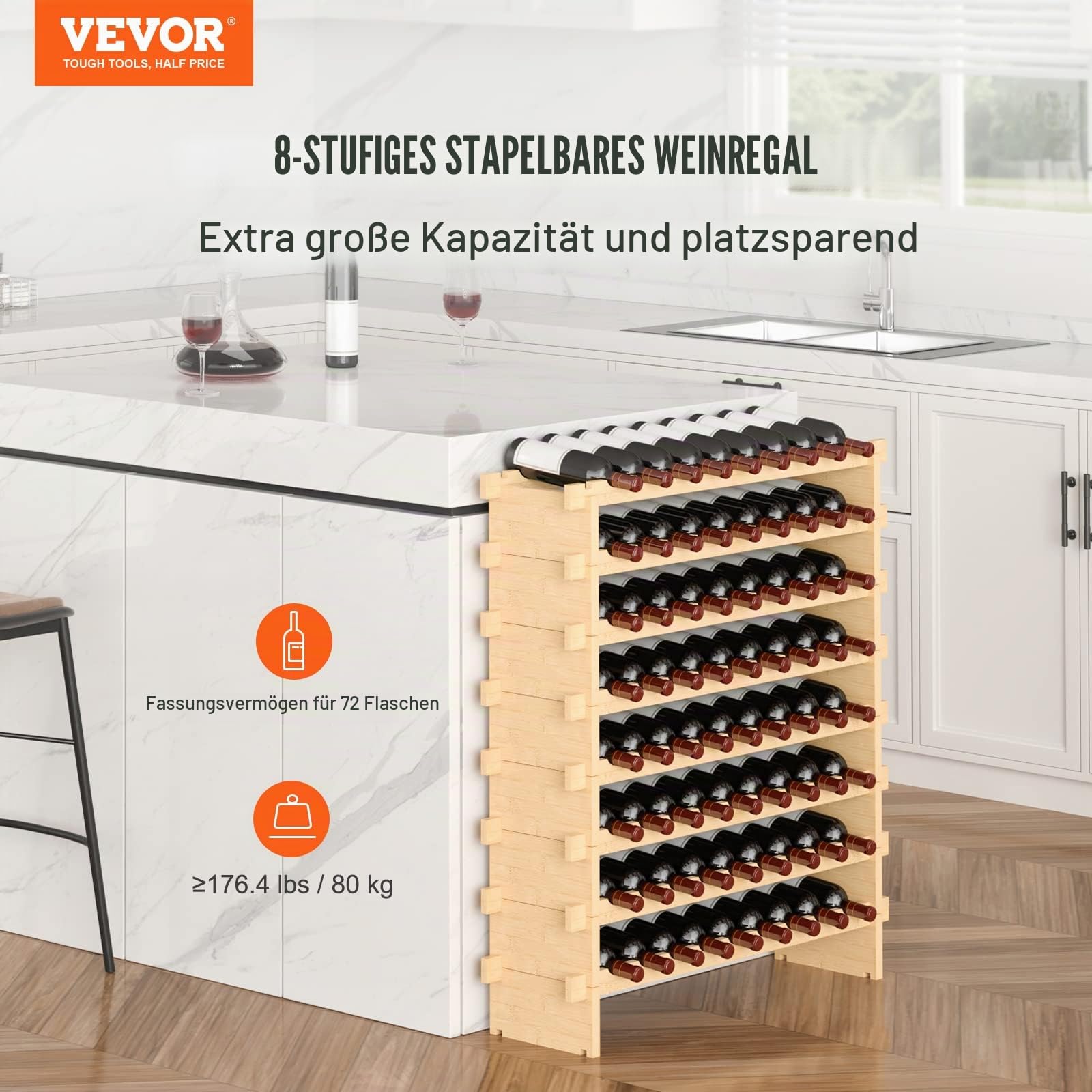 VEVOR Weinregal Weinständer für 72 Flaschen, BambusßFlaschenregal mit 8 Fächern, Stapelbar Vintage Weinständer Metall für Keller, Bar, Lagerraum usw. Flaschenhalter Weinflaschenregal 80 kg Belastbar