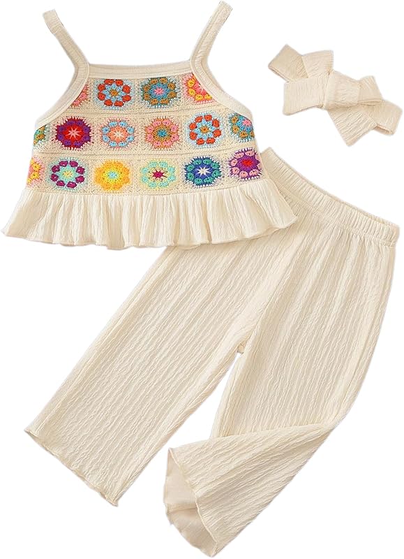 Conjunto de ropa de verano para niña pequeña, pantalones de camisola con volantes de ganchillo, conjunto de ropa para niños