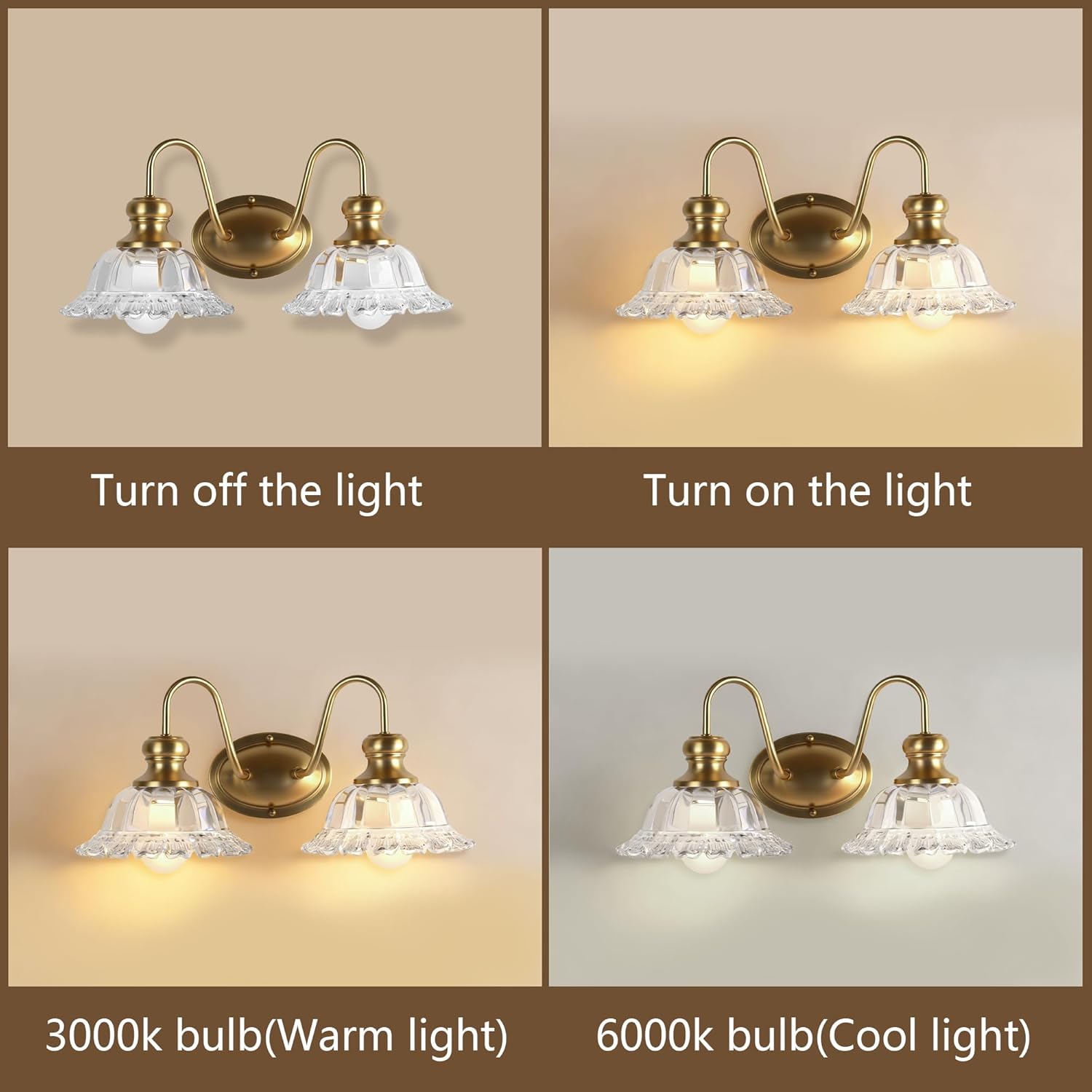 2-Lights Bathroom Vanity Light Gold Vintage Light Fixtures Matte Antique Flower Floral Brass Crystal Glass Shade Wall Sconces Lighting for Living Room, Bedroom, Hallway（E26 Base）