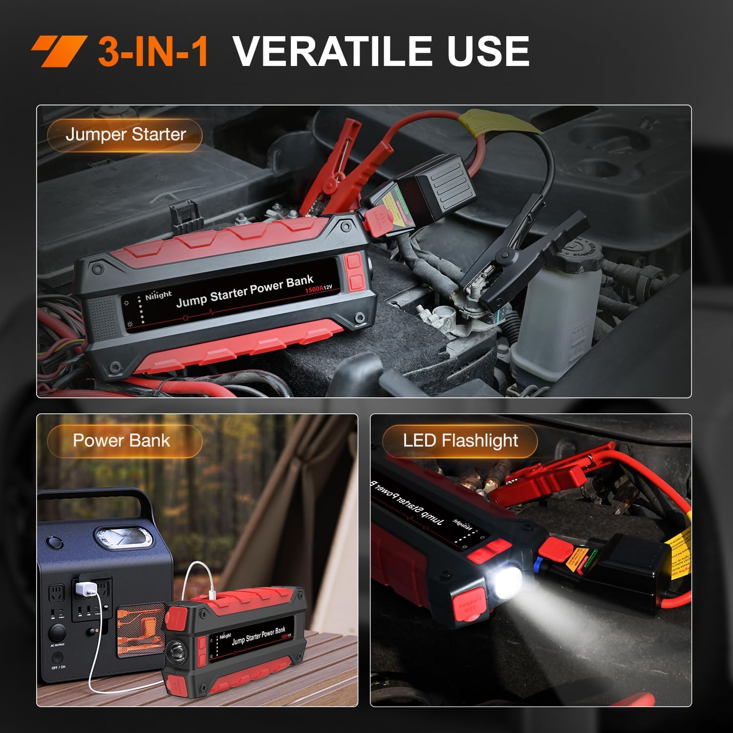 Nilight 1500A Car Battery Jump Starter for Up to 7.0L Gas & 5.5L Diesel Engines 12V Portable Jump Start Booster Pack Jump Box with Jumper Cables DC Output and LED Light