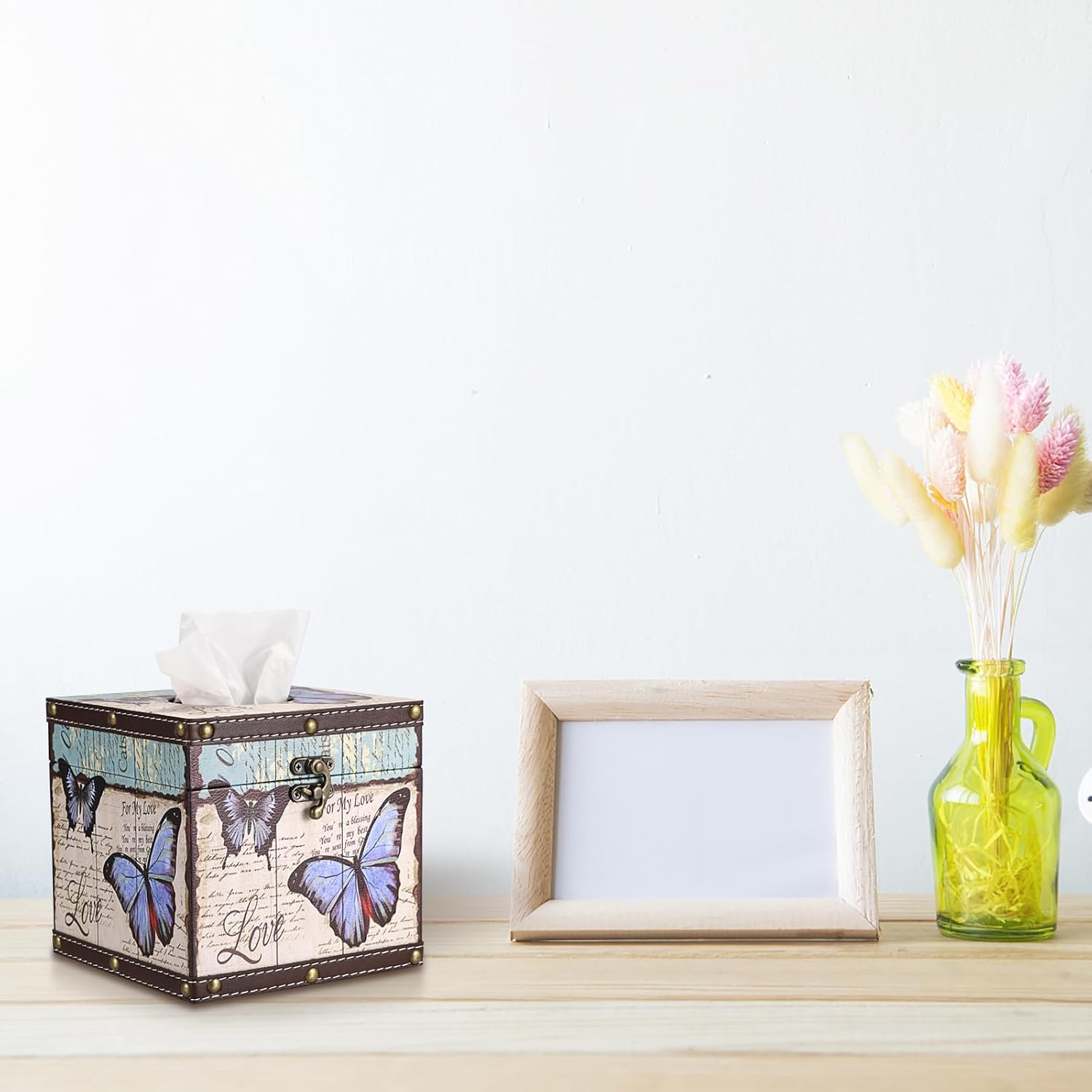 Butterfly Tissue Box Cover, Wood Square Tissue Holder, Bluish Purple