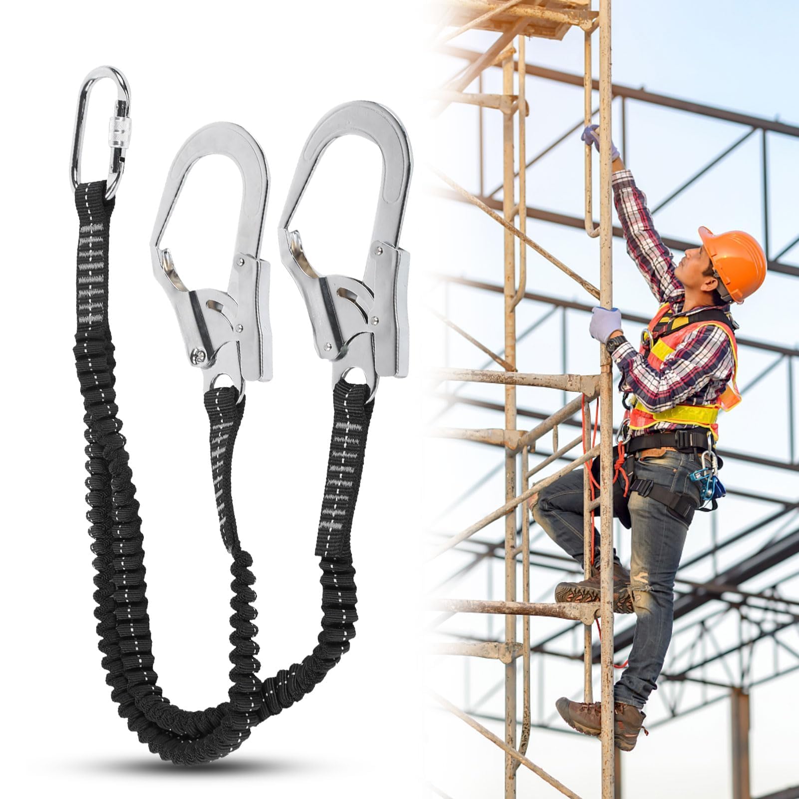 HERCHR Cintura di Sicurezza con Gancio Elastico, Cordino di Sicurezza Doppio in Acciaio Corda di Sicurezza Anticaduta Cinghia con Assorbimento degli Urti per Edilizia, Alpinismo, Salvataggio