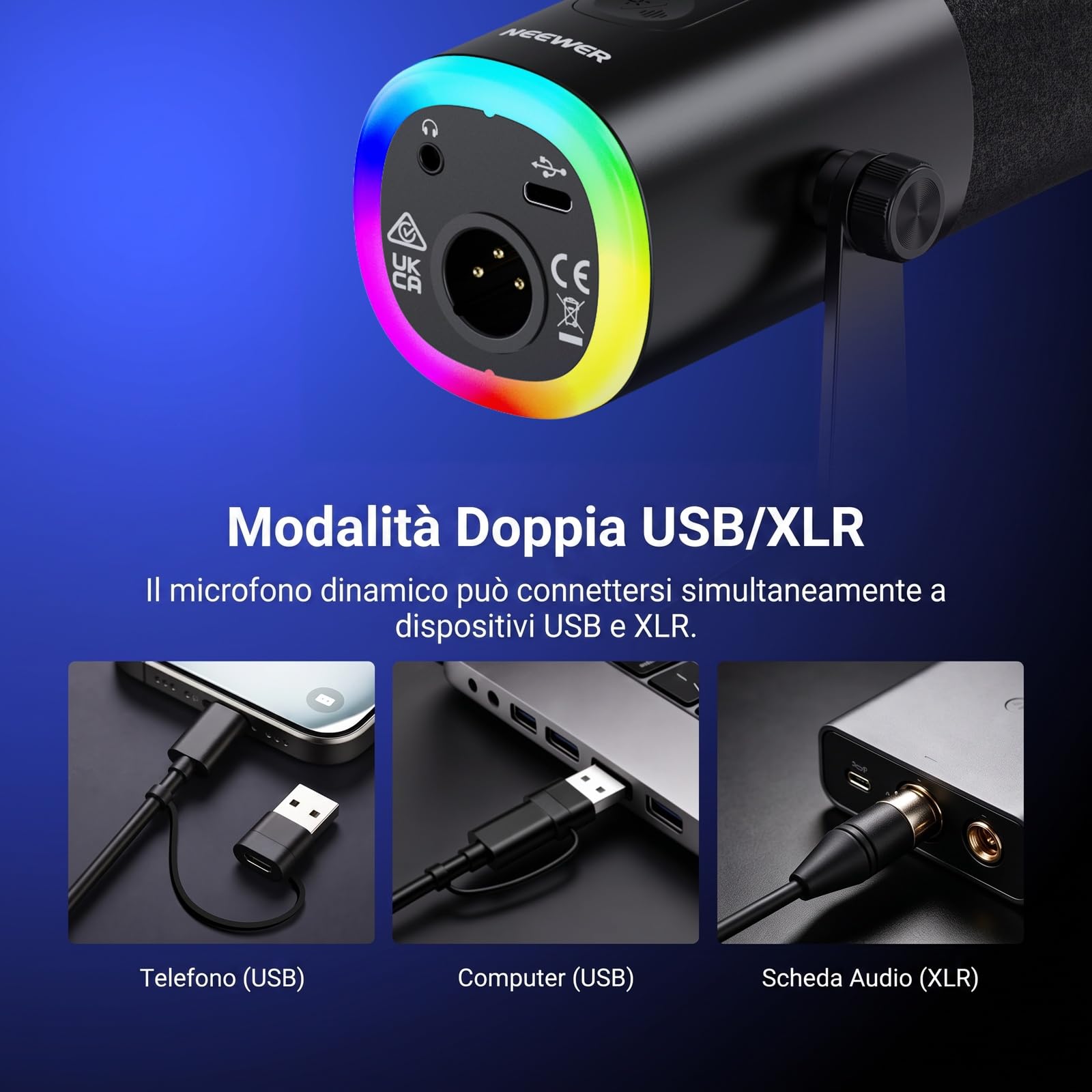 NEEWER DM03 Microfono Dinamico RGB USB/XLR con Muto Antirumore AI Controllo del Guadagno Mic e Volume Cuffie, Monitor TRS 3,5mm, Supporta App MIC/EQ/Sinc Musica per PC Video Gioco Podcast Canto