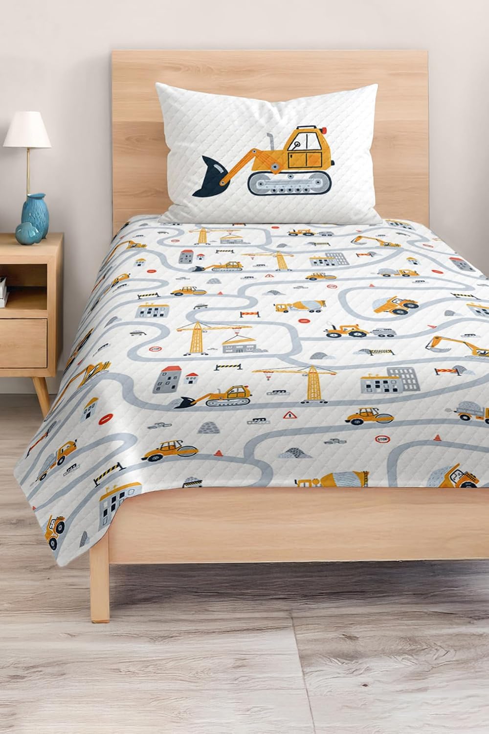 SODEF Kids Quilt Set Yellow Transportation Theme, Single Size Bedspread, Soft Cotton Polyester Blend, 2 Piece Set for Children and Teens - Multicolor, One Size